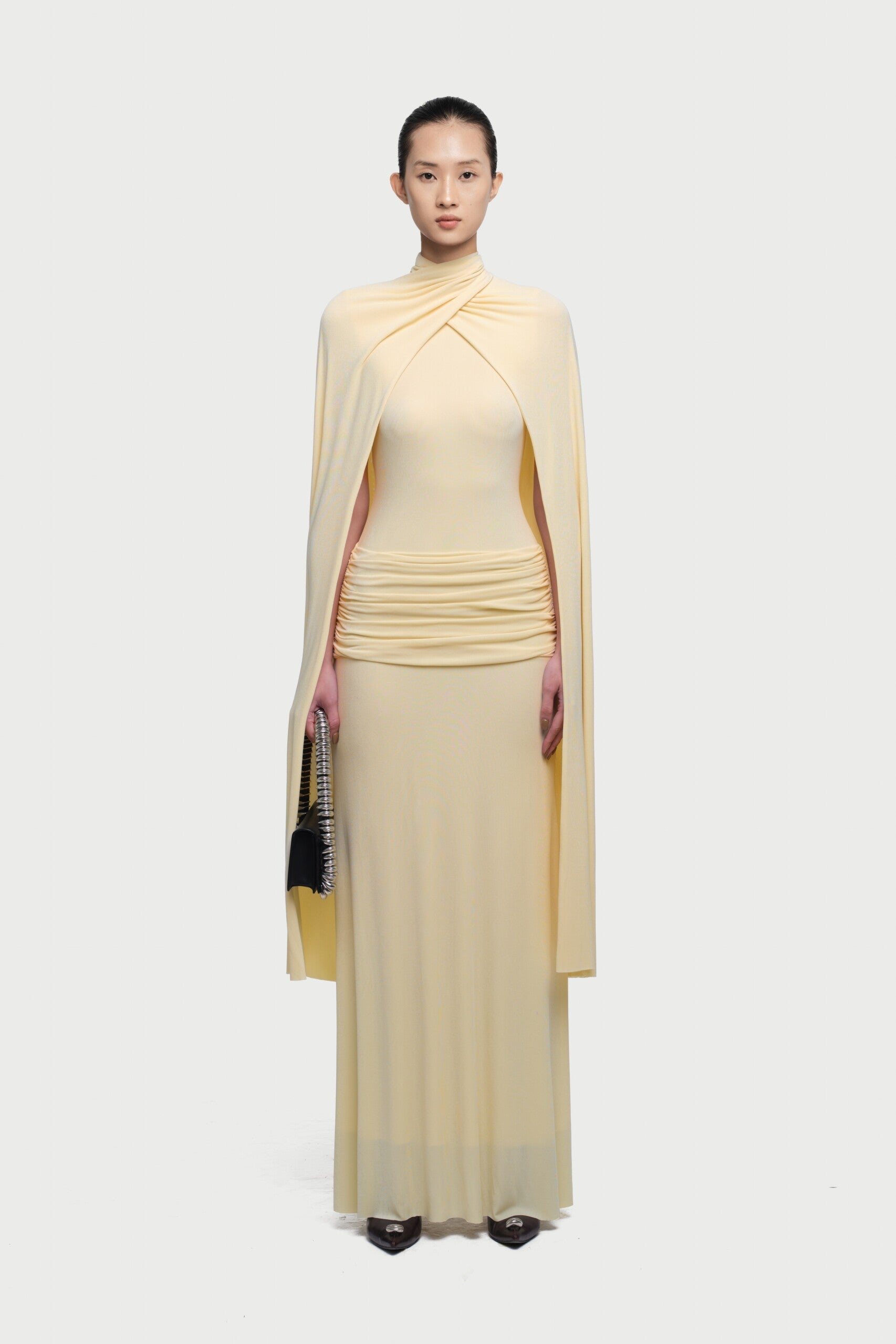 Cape-Drape High-Neck Sleeveless Ruched Knit Dress