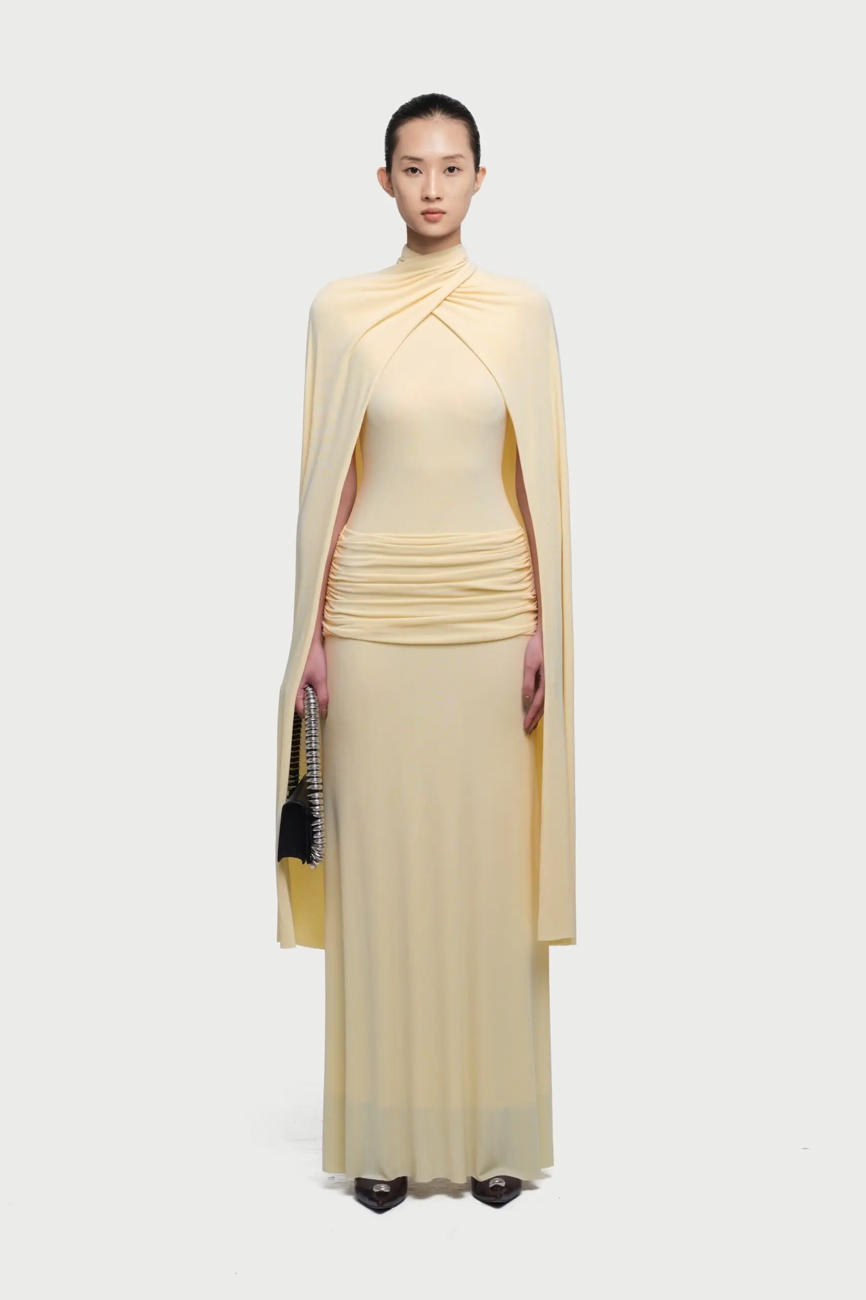 Cape-Sleeve Draped Waist Dress