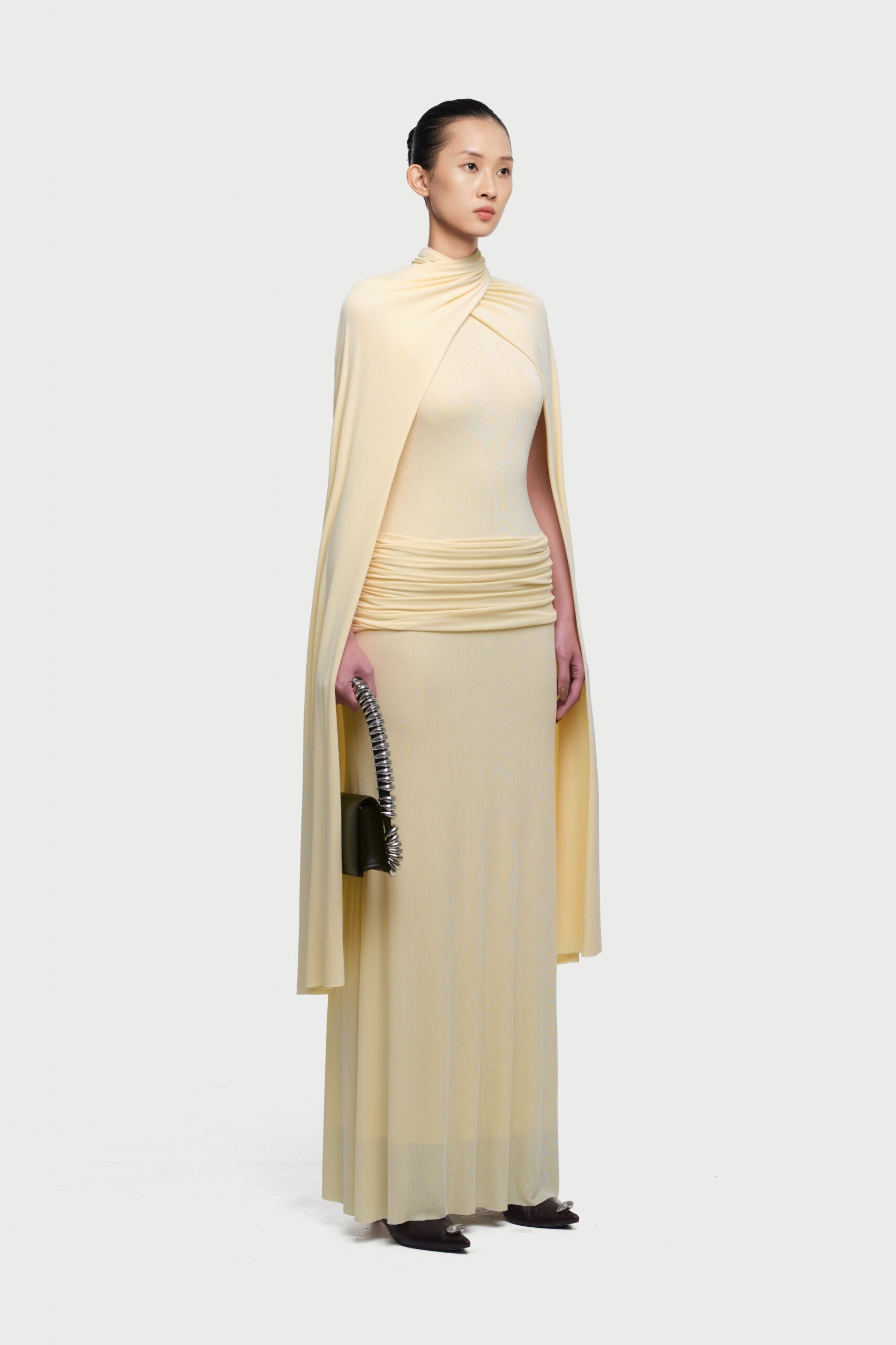 Cape-Drape High-Neck Sleeveless Ruched Knit Dress