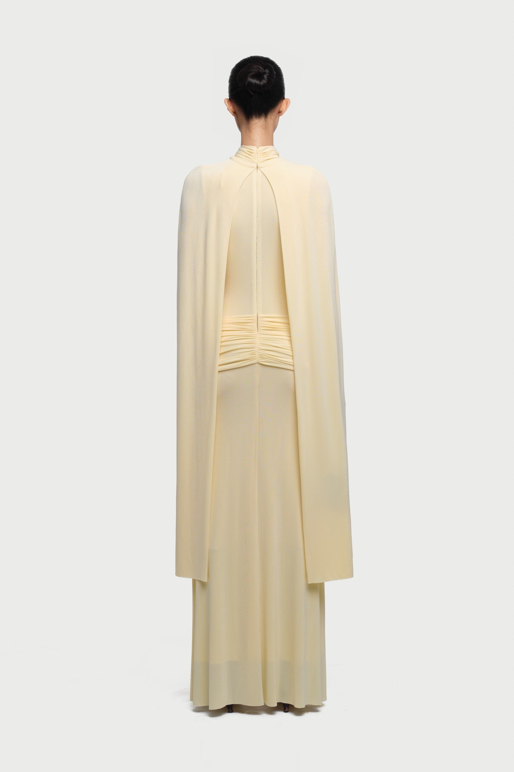 Cape-Drape High-Neck Sleeveless Ruched Knit Dress