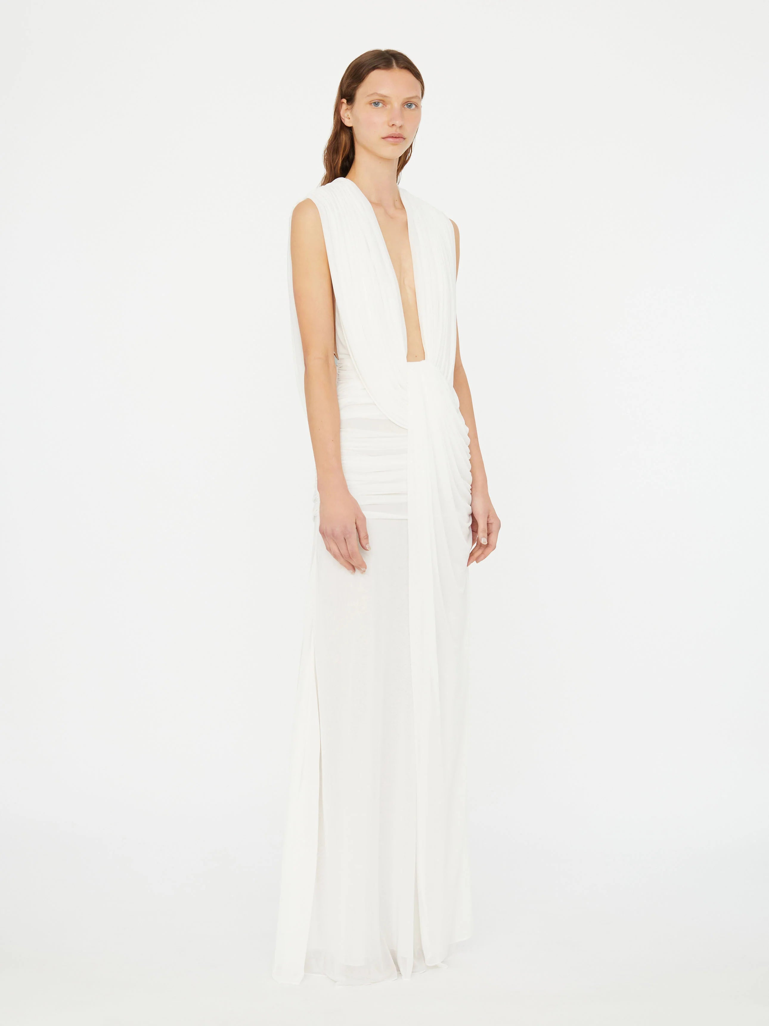 Plunge V-Neck Hooded with Draped Twist-Knot Waist Dress