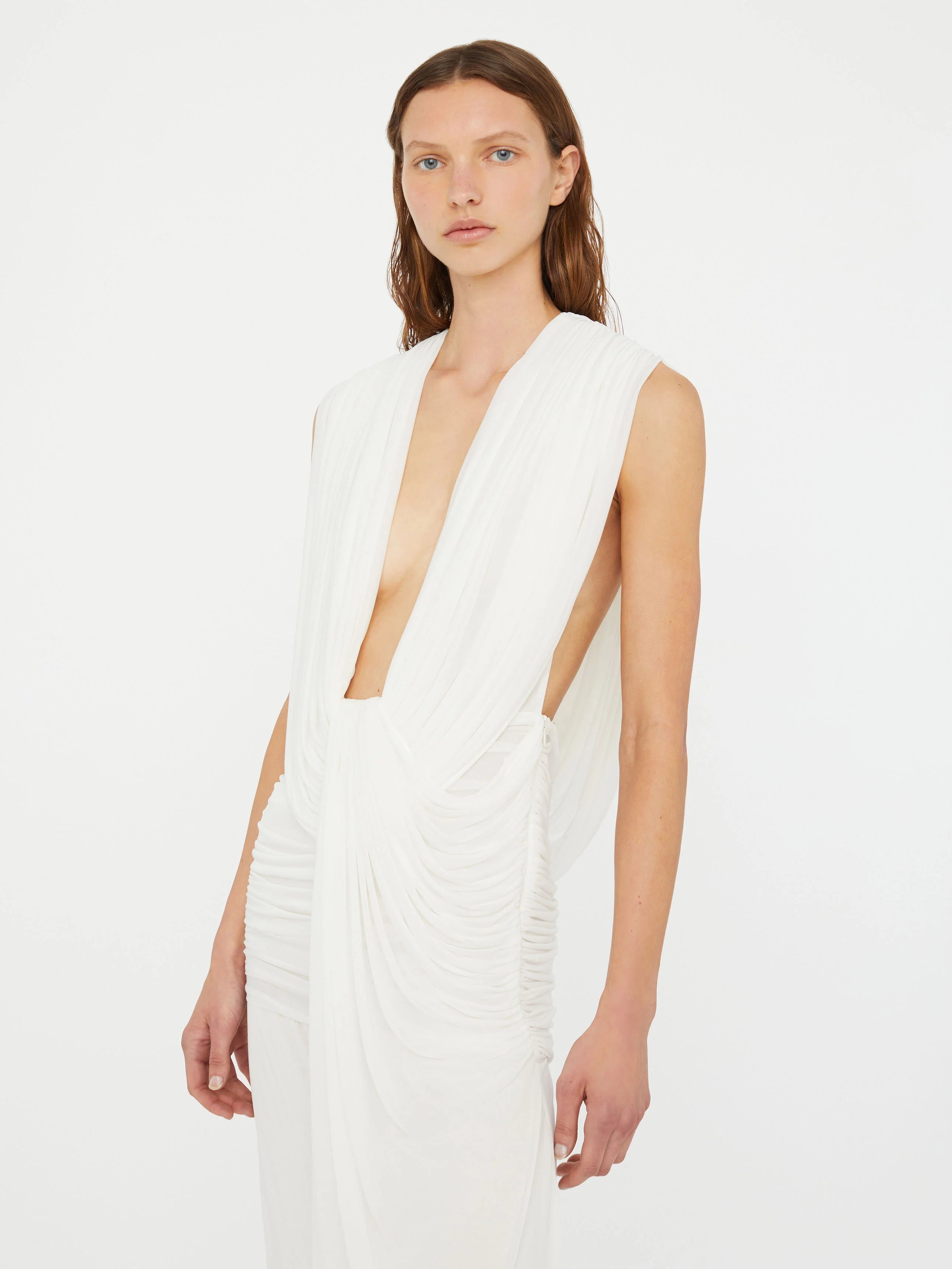 Plunge V-Neck Hooded with Draped Twist-Knot Waist Dress