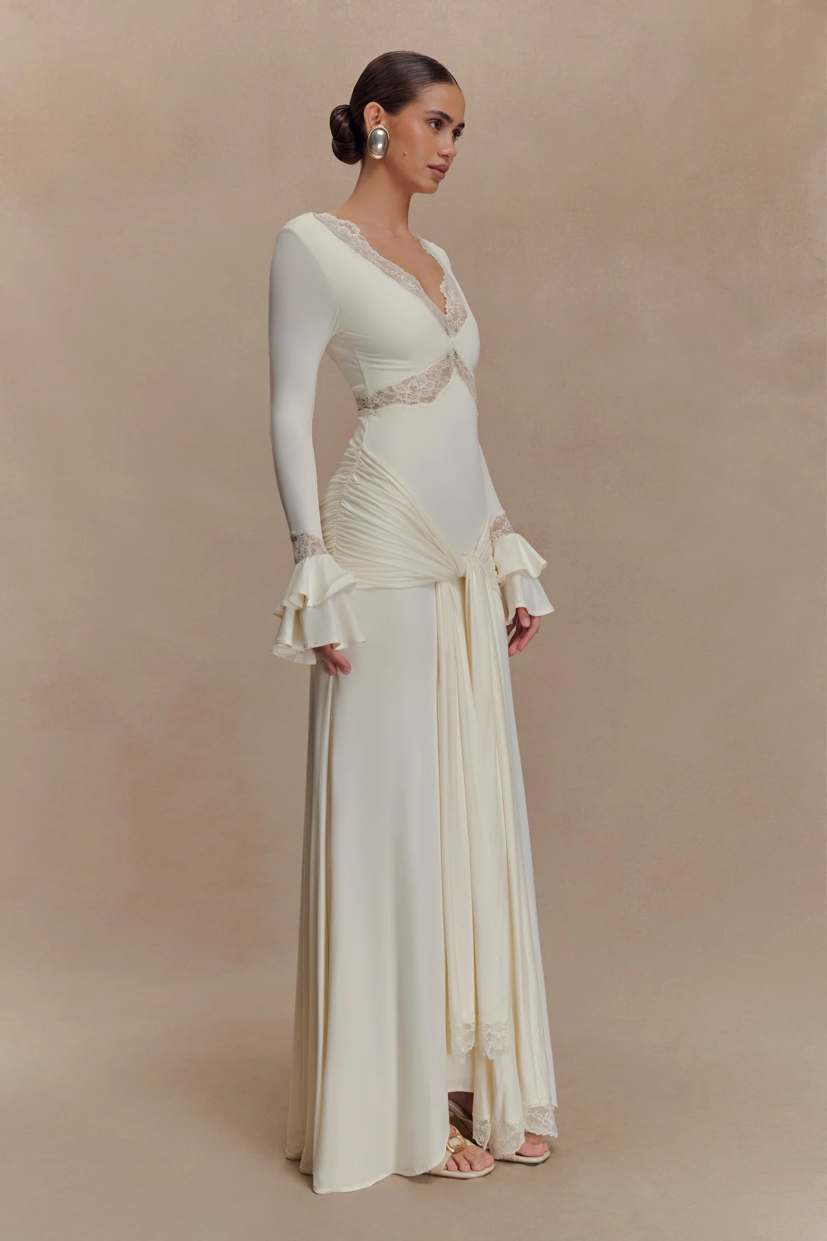 V-Neck Long-Sleeve Lace-Panel Waist-Drape Knit Dress