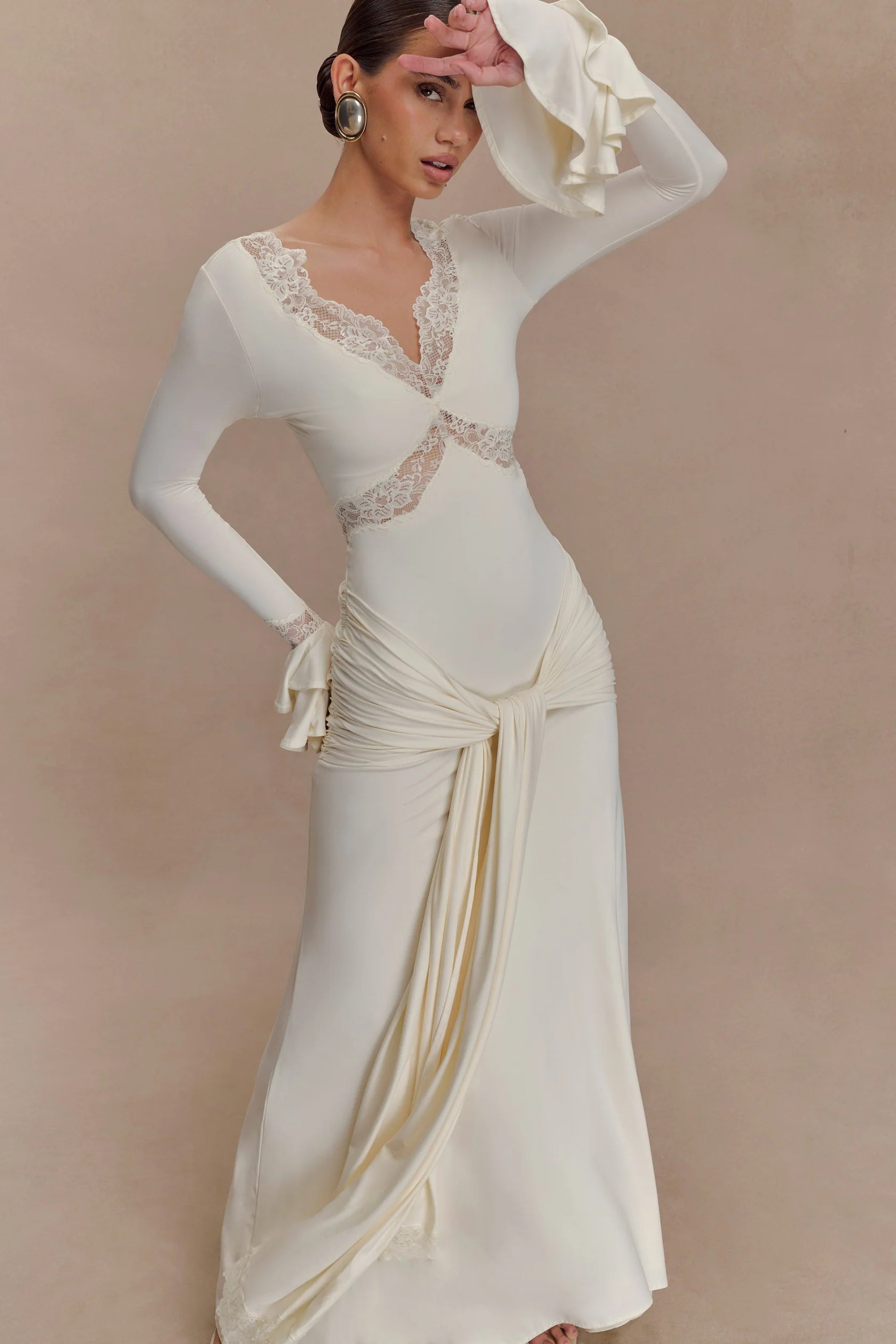 V-Neck Long-Sleeve Lace-Panel Waist-Drape Knit Dress