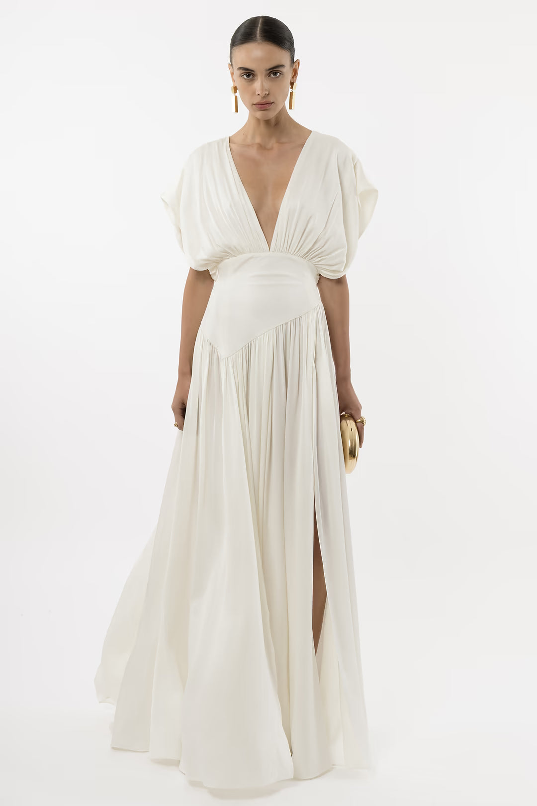 Deep V-Neck Shoulder-Drape Ruched Waist Side-Slit Backless Dress