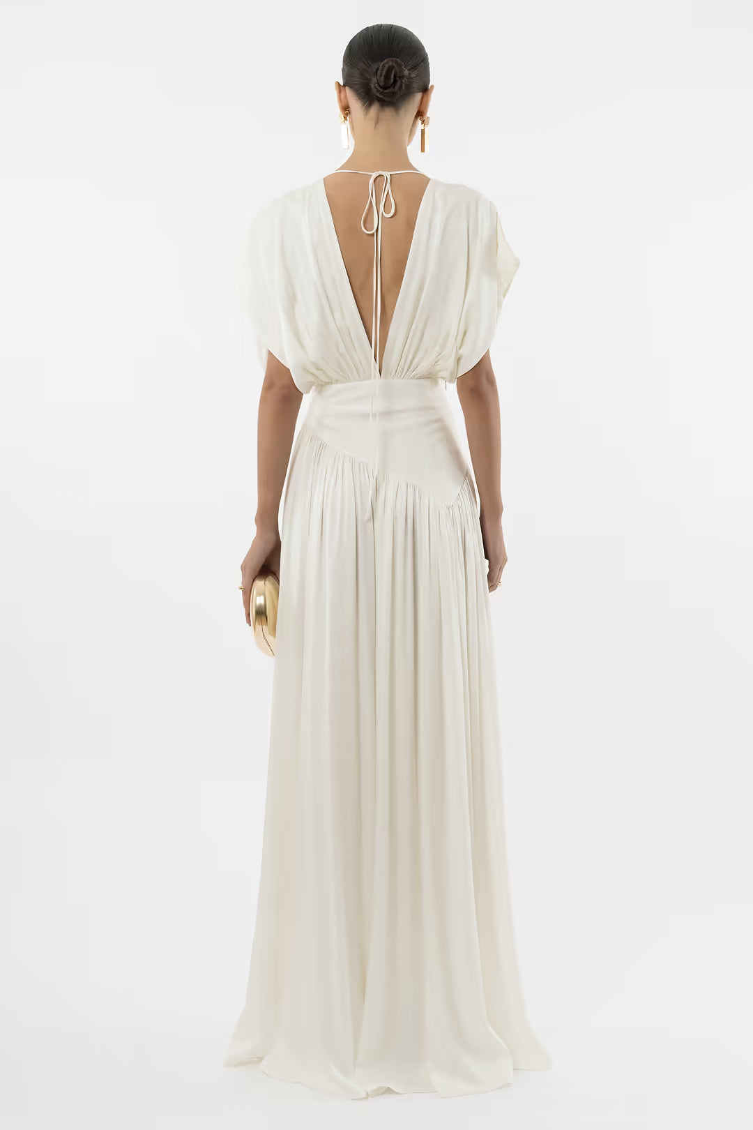 Deep V-Neck Shoulder-Drape Ruched Waist Side-Slit Backless Dress