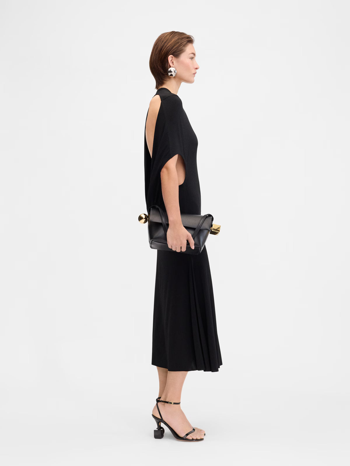 Crew-Neck Asymmetric-Sleeve Open-Back Black Knit Dress