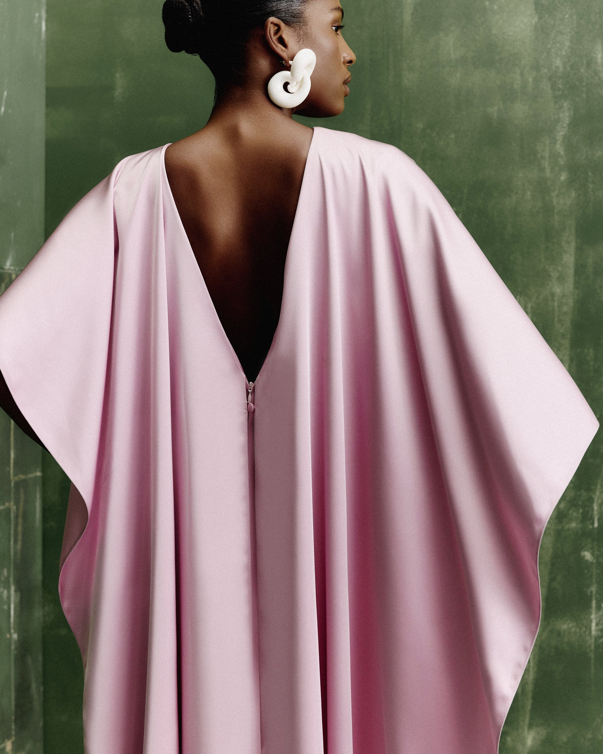 Crew-Neck Cape-Style V-Back Satin Evening Gown