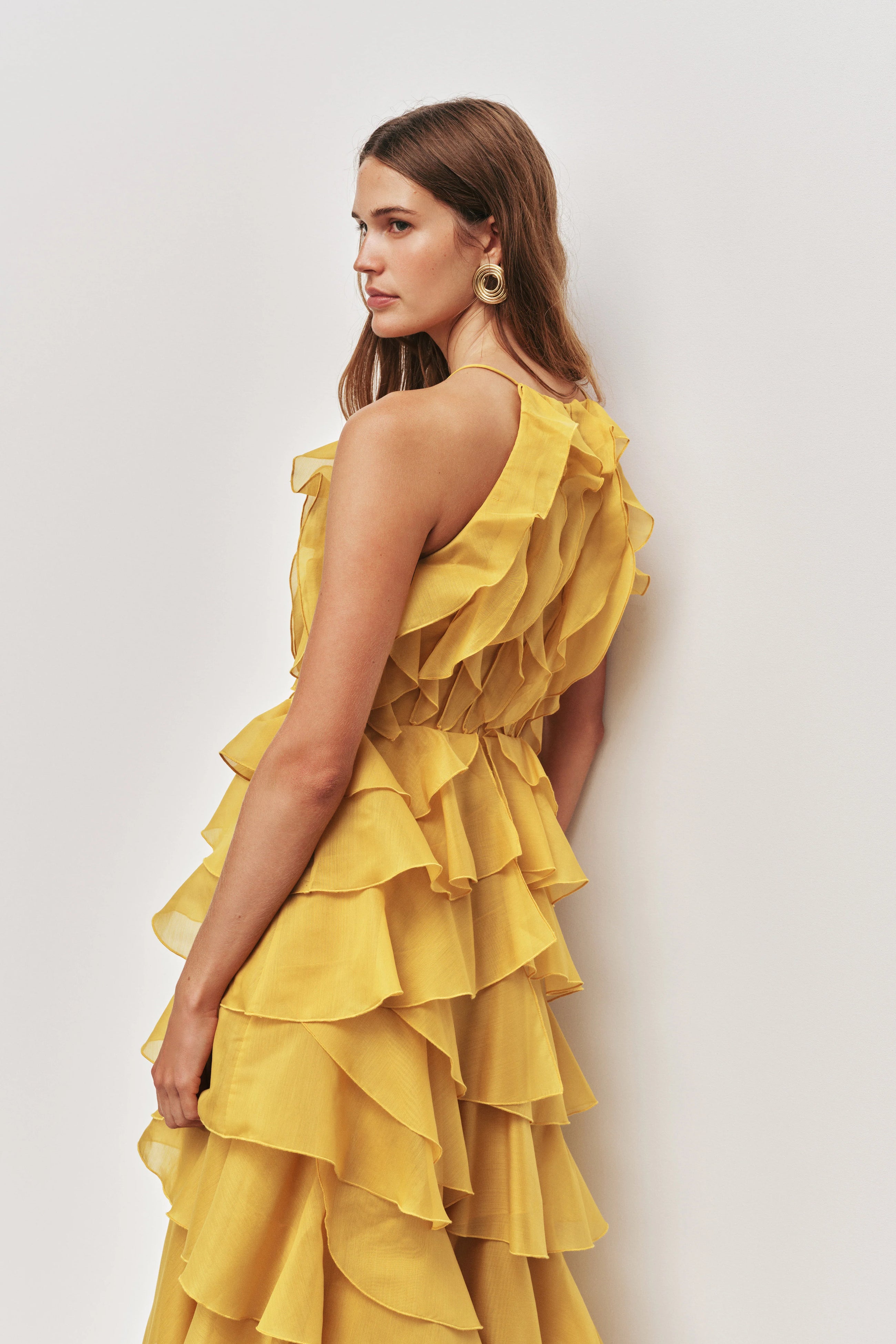 Tiered Ruffle Sleeveless V-Neck Metal-Detail Egg Yolk Yellow Resort Dress