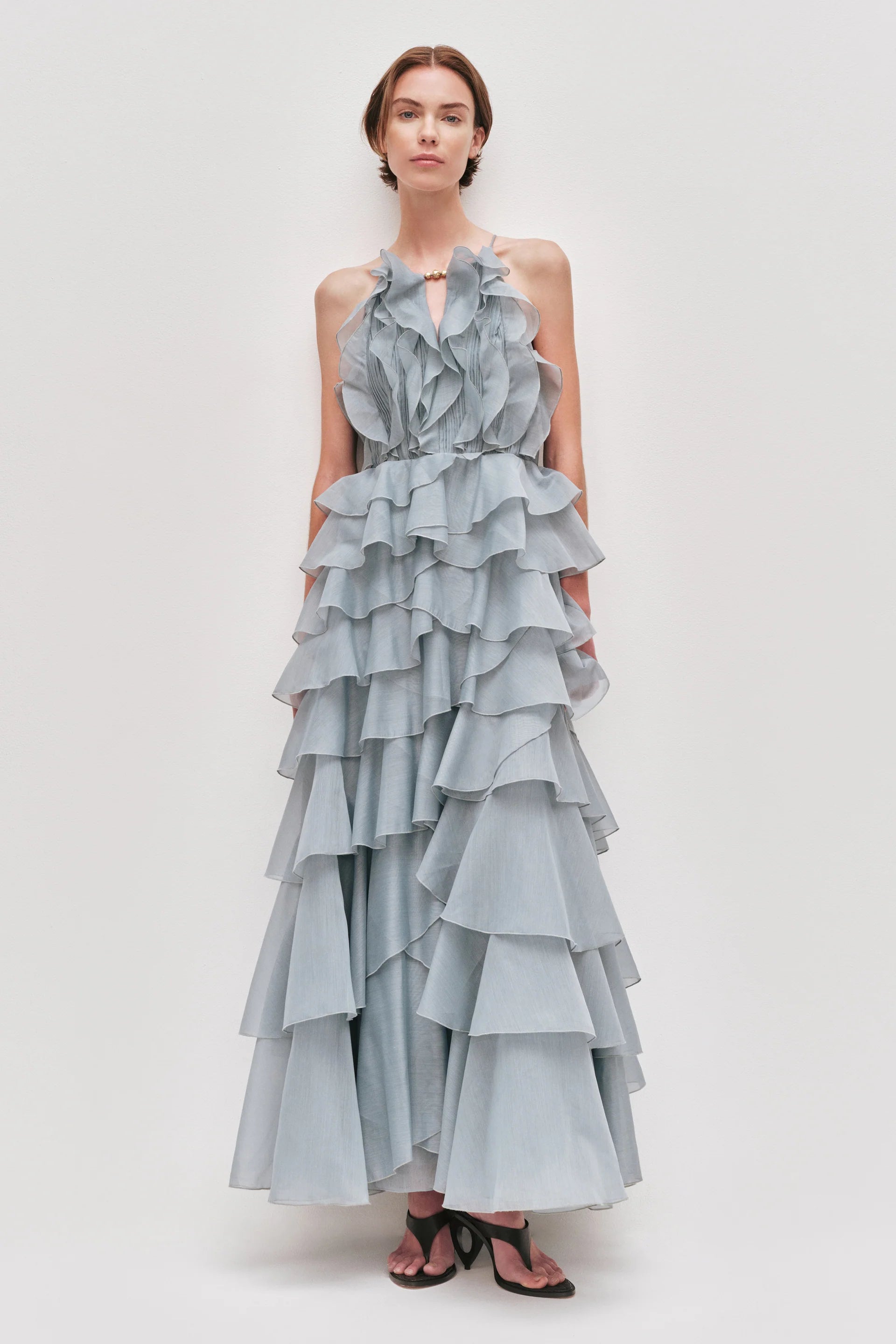 Tiered Ruffle Sleeveless V-Neck Metal-Detail Dusty Blue Resort Dress