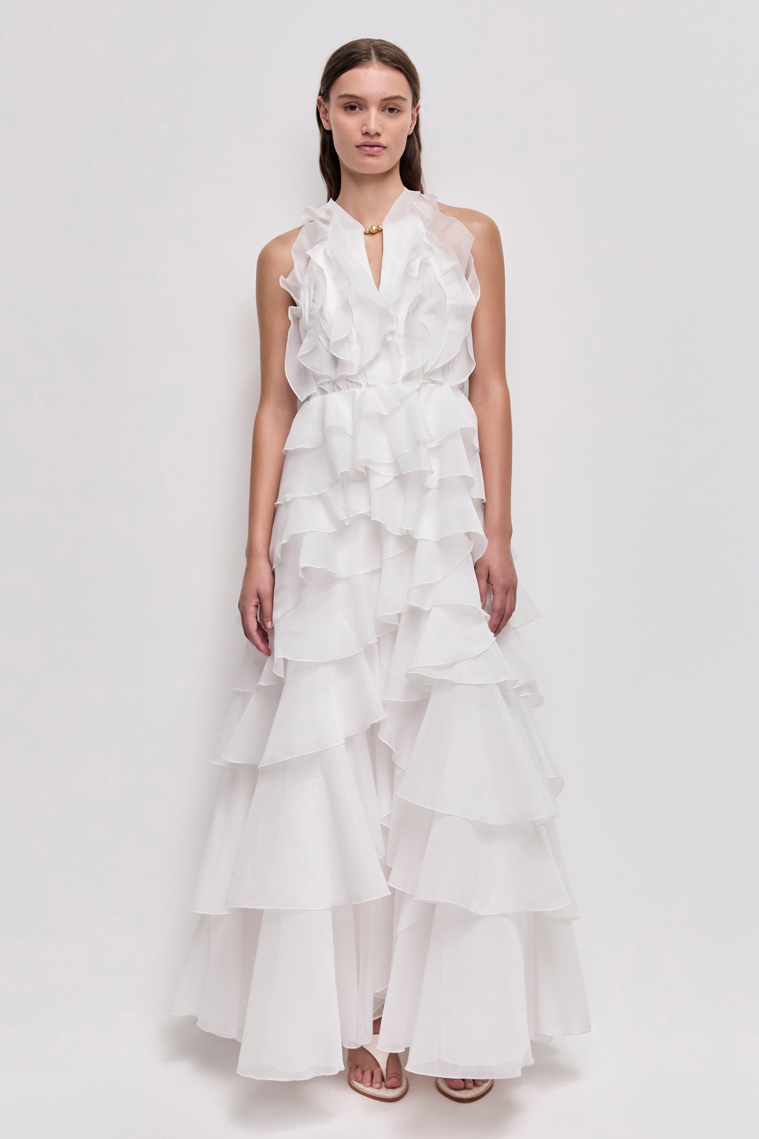 Tiered Ruffle Sleeveless V-Neck Metal-Detail White Resort Dress