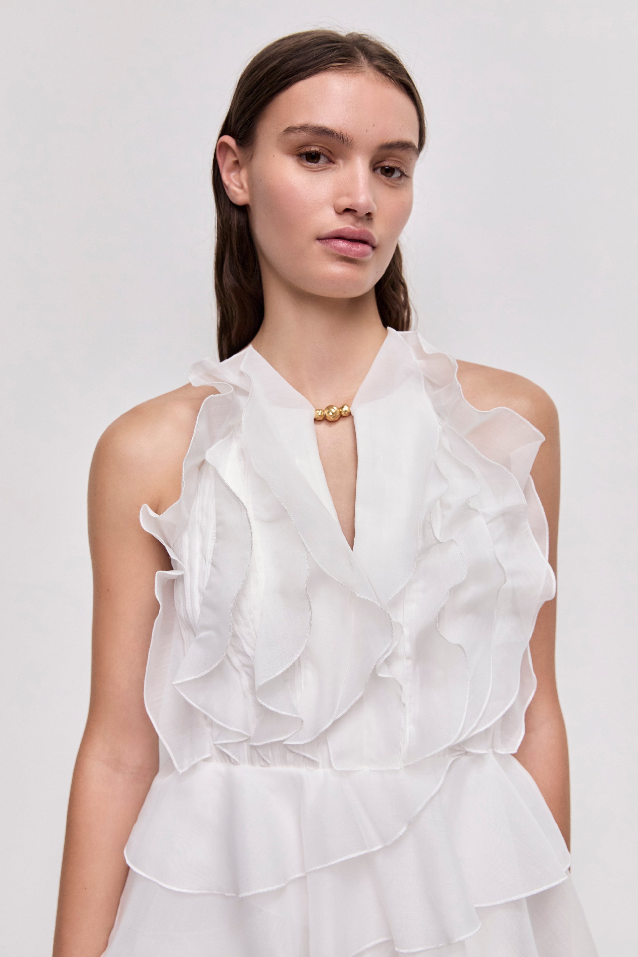 Tiered Ruffle Sleeveless V-Neck Metal-Detail White Resort Dress