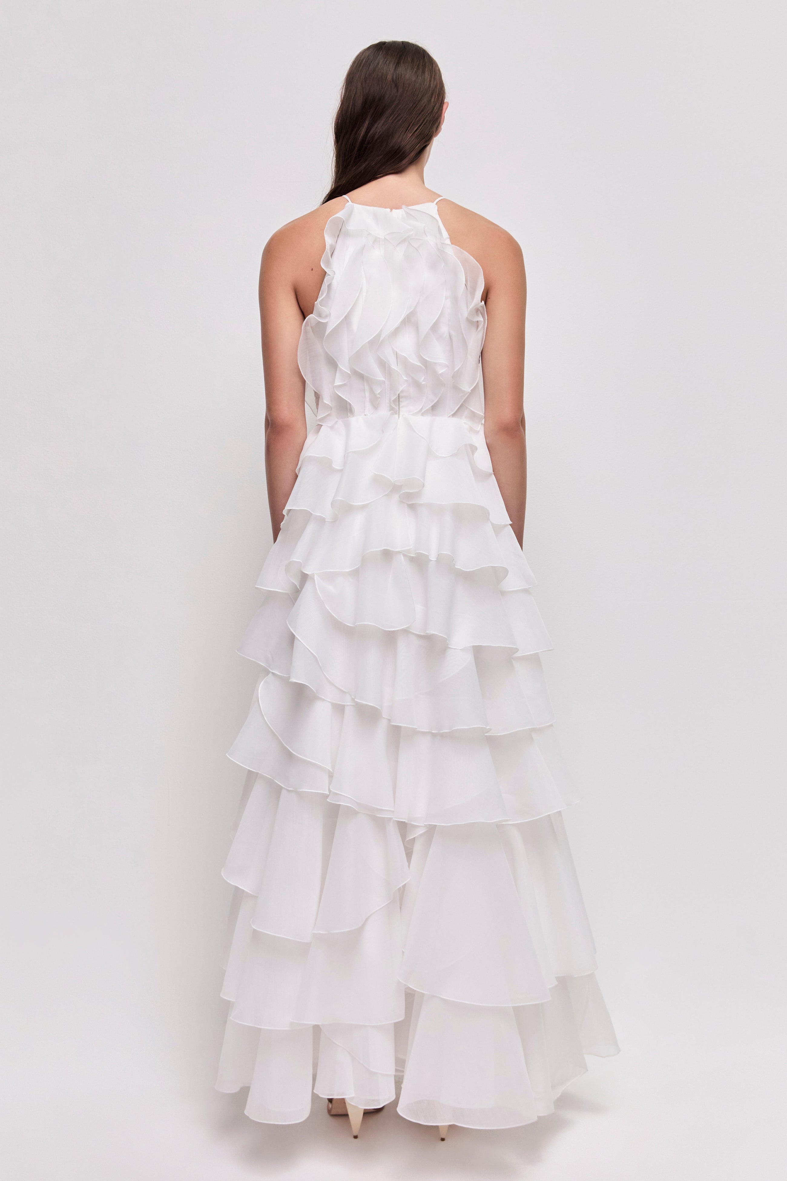 Tiered Ruffle Sleeveless V-Neck Metal-Detail White Resort Dress