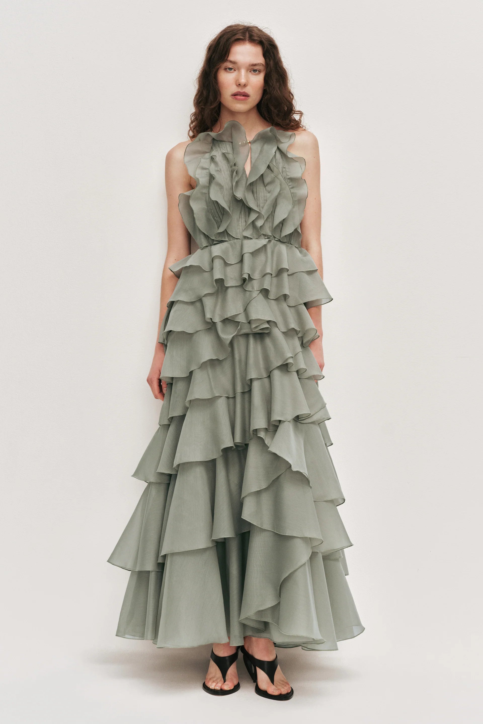 Tiered Ruffle Sleeveless V-Neck Metal-Detail Pale Moss Green Resort Dress