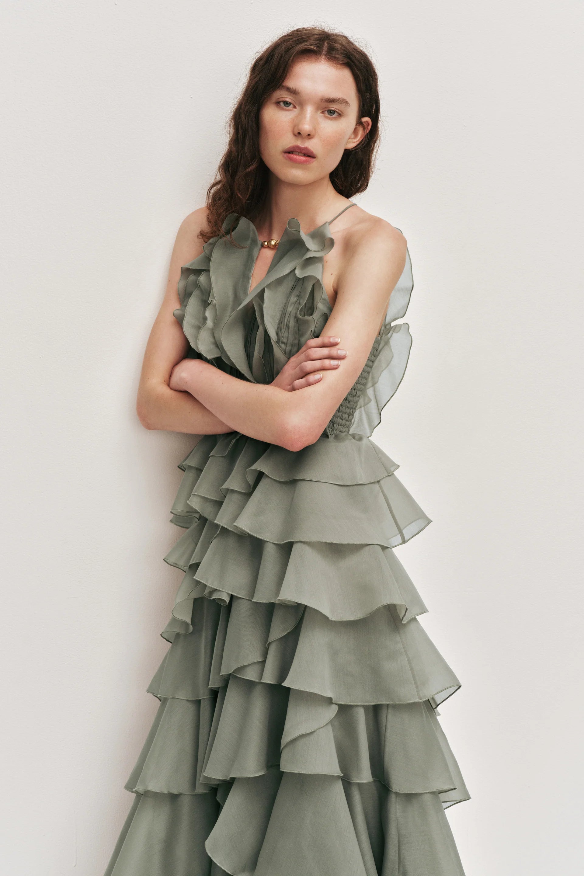 Tiered Ruffle Sleeveless V-Neck Metal-Detail Pale Moss Green Resort Dress