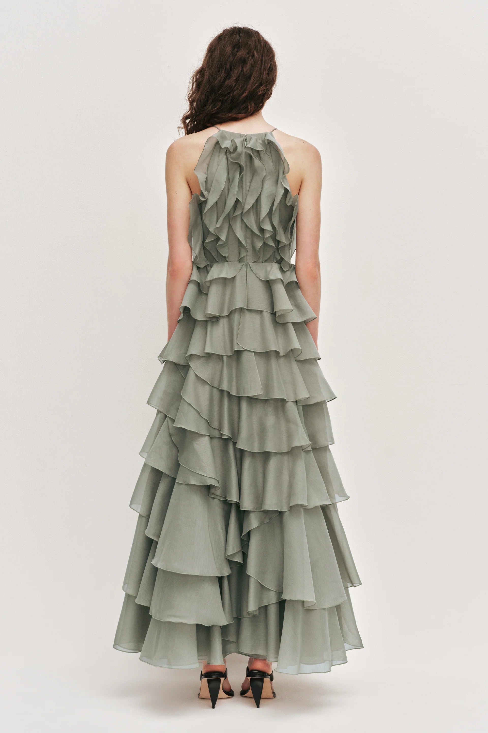Tiered Ruffle Sleeveless V-Neck Metal-Detail Pale Moss Green Resort Dress