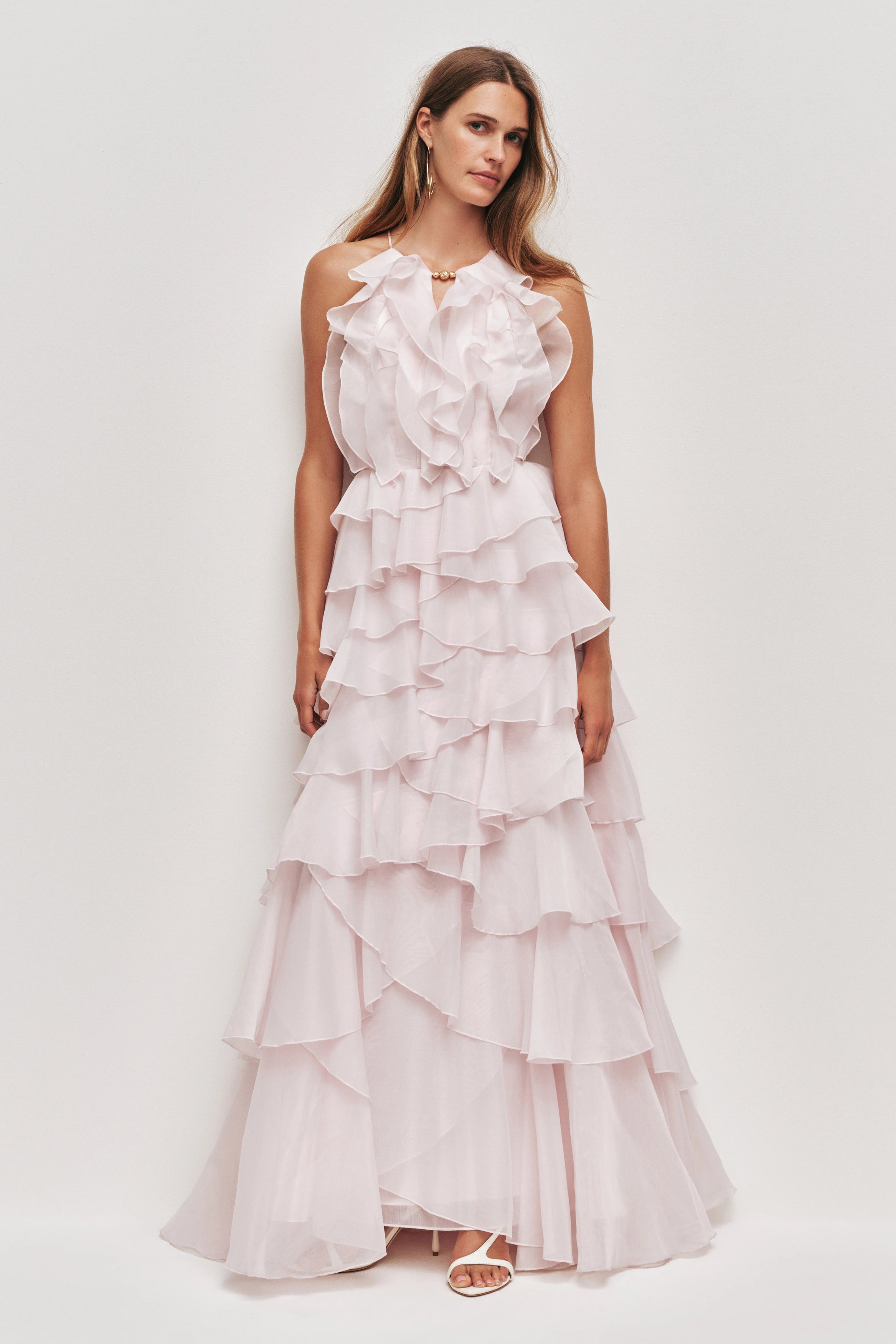 Tiered Ruffle Sleeveless V-Neck Metal-Detail Pink Resort Dress