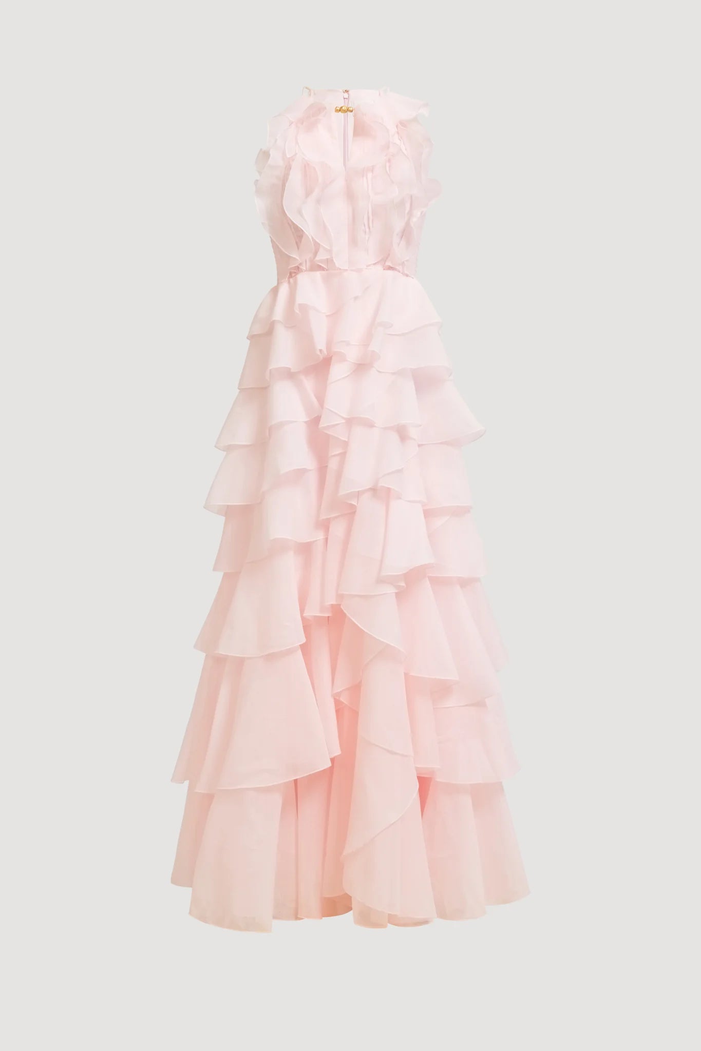 Tiered Ruffle Sleeveless V-Neck Metal-Detail Pink Resort Dress