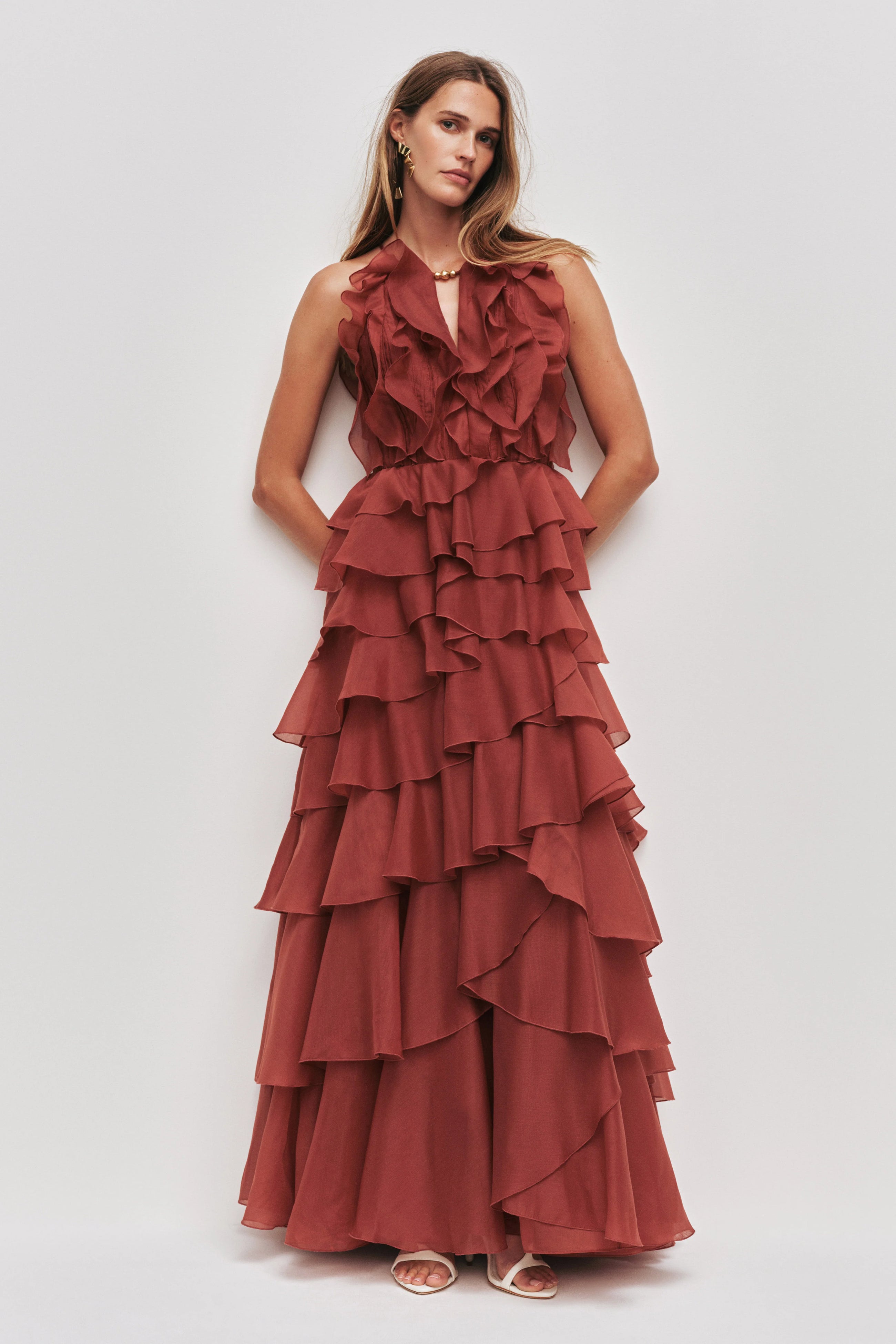Tiered Ruffle Sleeveless V-Neck Metal-Detail Red Resort Dress