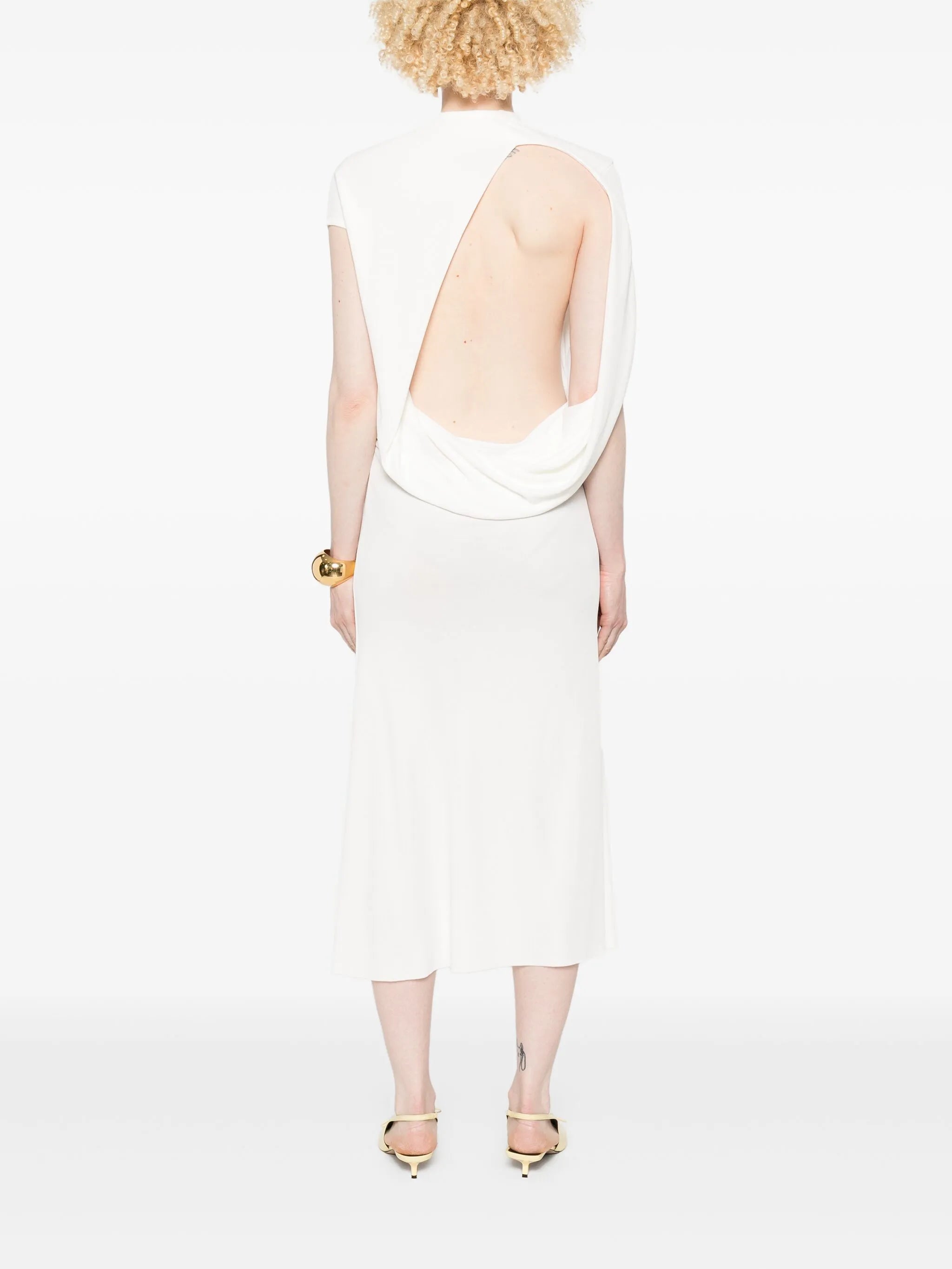 Crew-Neck Asymmetric-Sleeve Open-Back White Knit Dress