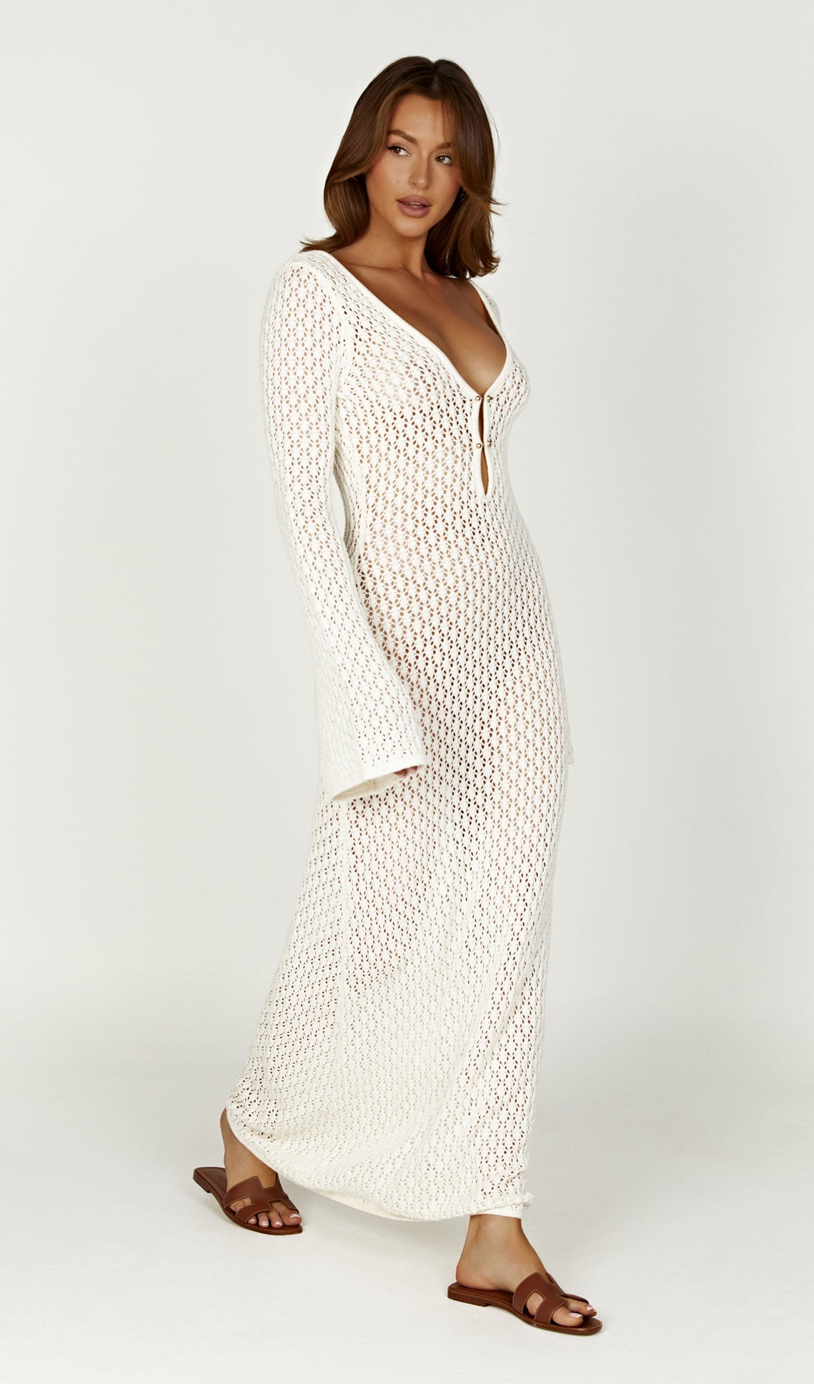 Crochet Fishtail Flare Sleeve Maxi Dress