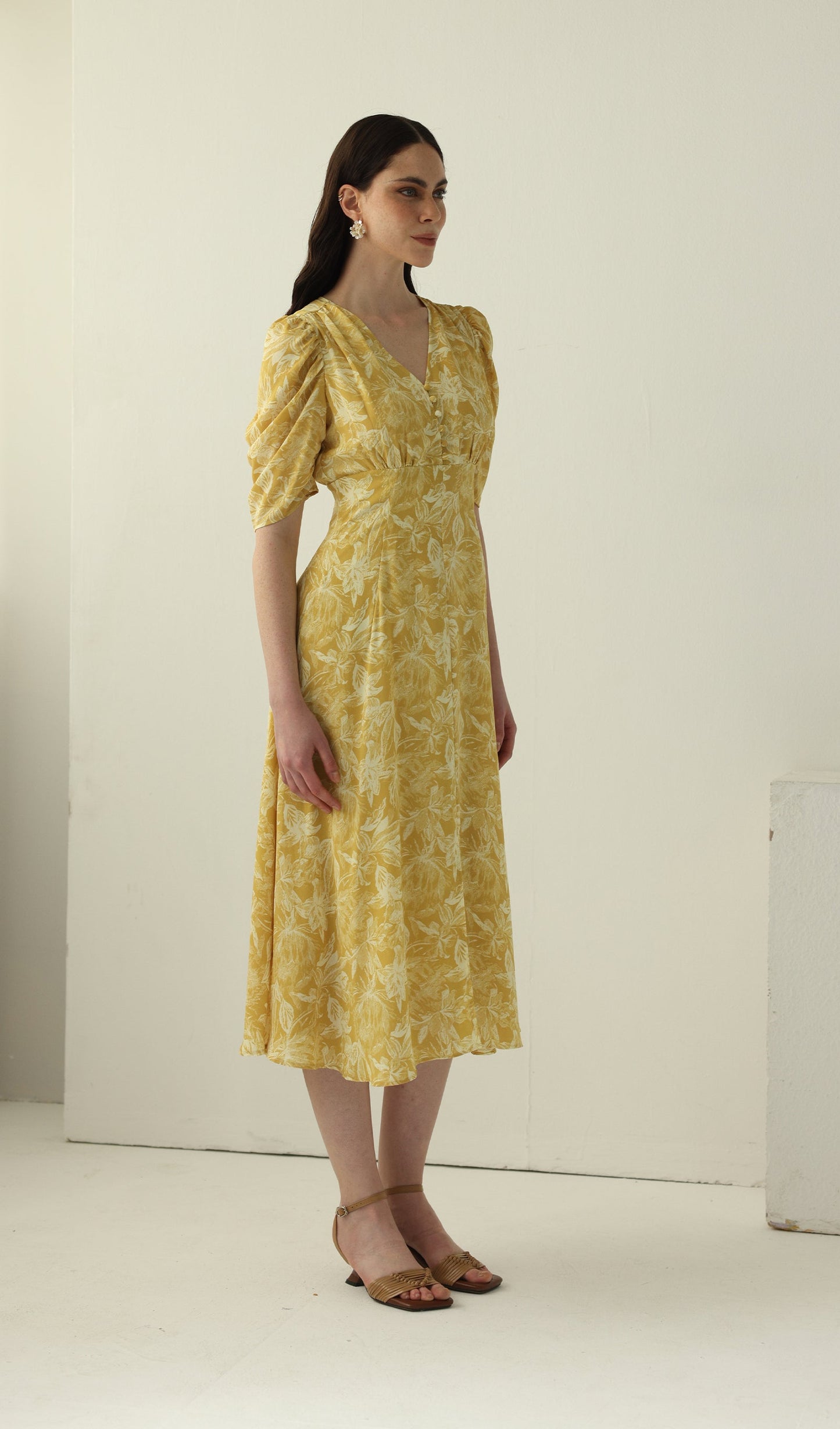 Yellow Printed Short Sleeve Midi Dress