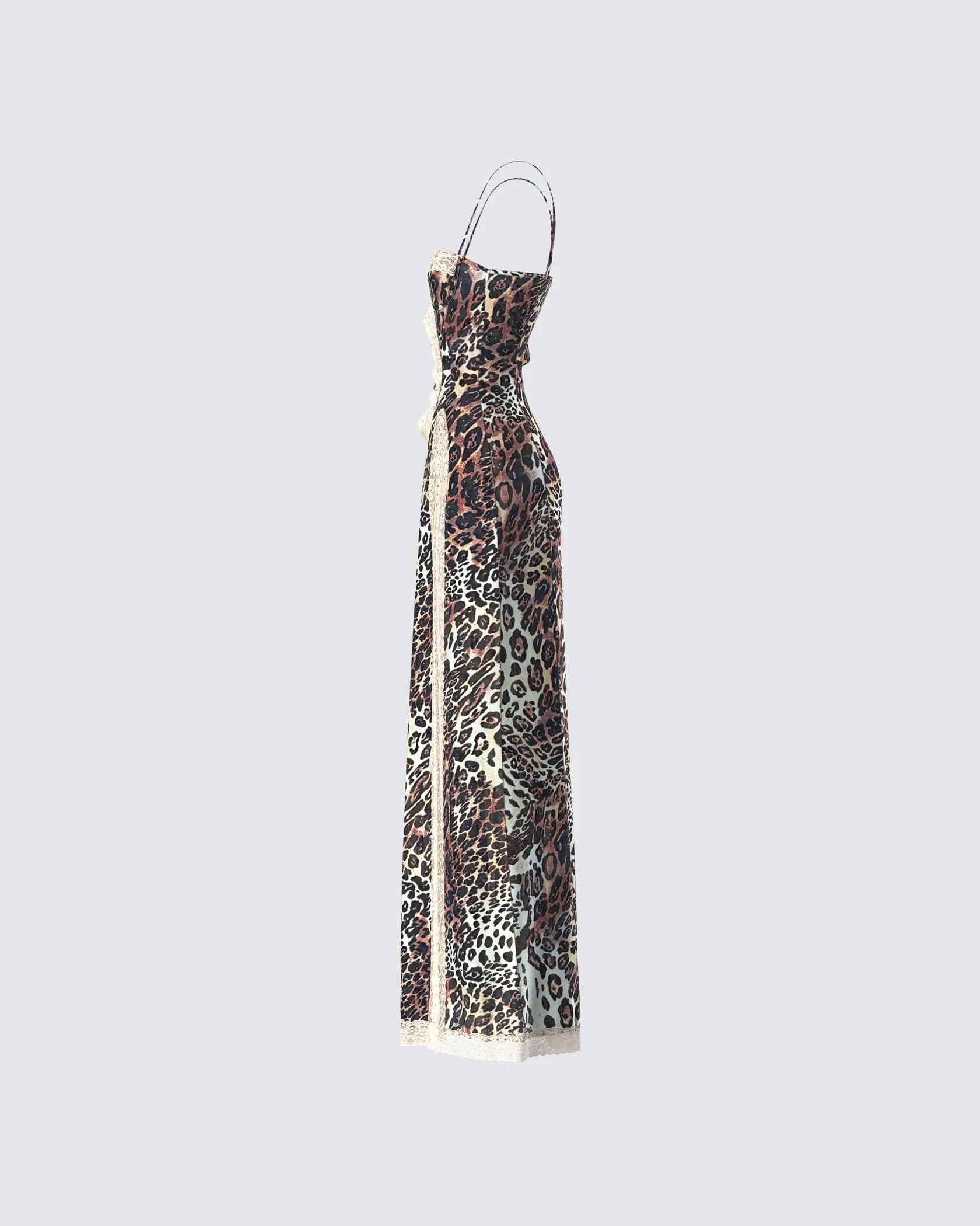 Spaghetti Strap Leopard Lace-Trim Front-Center Cutout High-Slit Dress