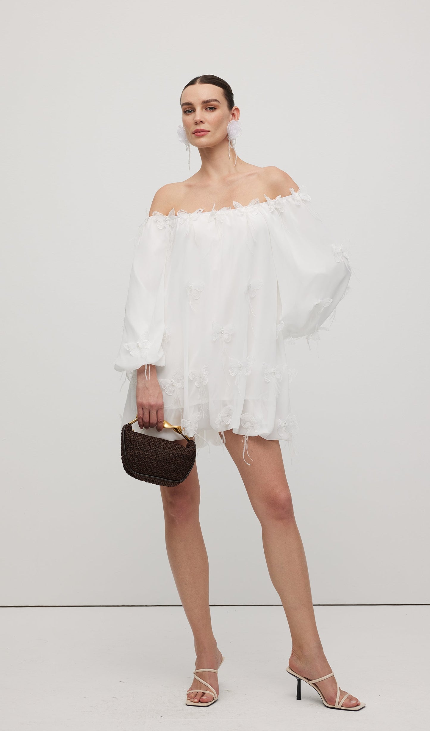 Off Shoulder With Butterfly Embellished Mini Dress