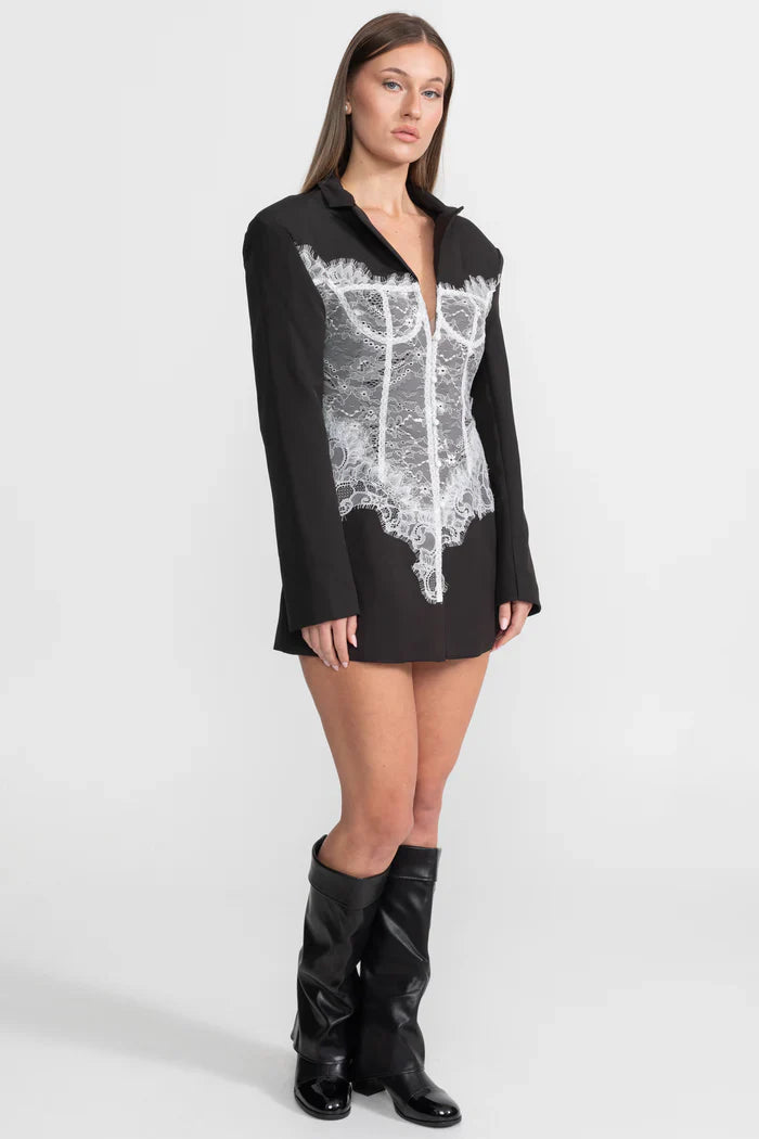 Lace-Splicing Blazer-Style Long-Sleeve Mini Dress