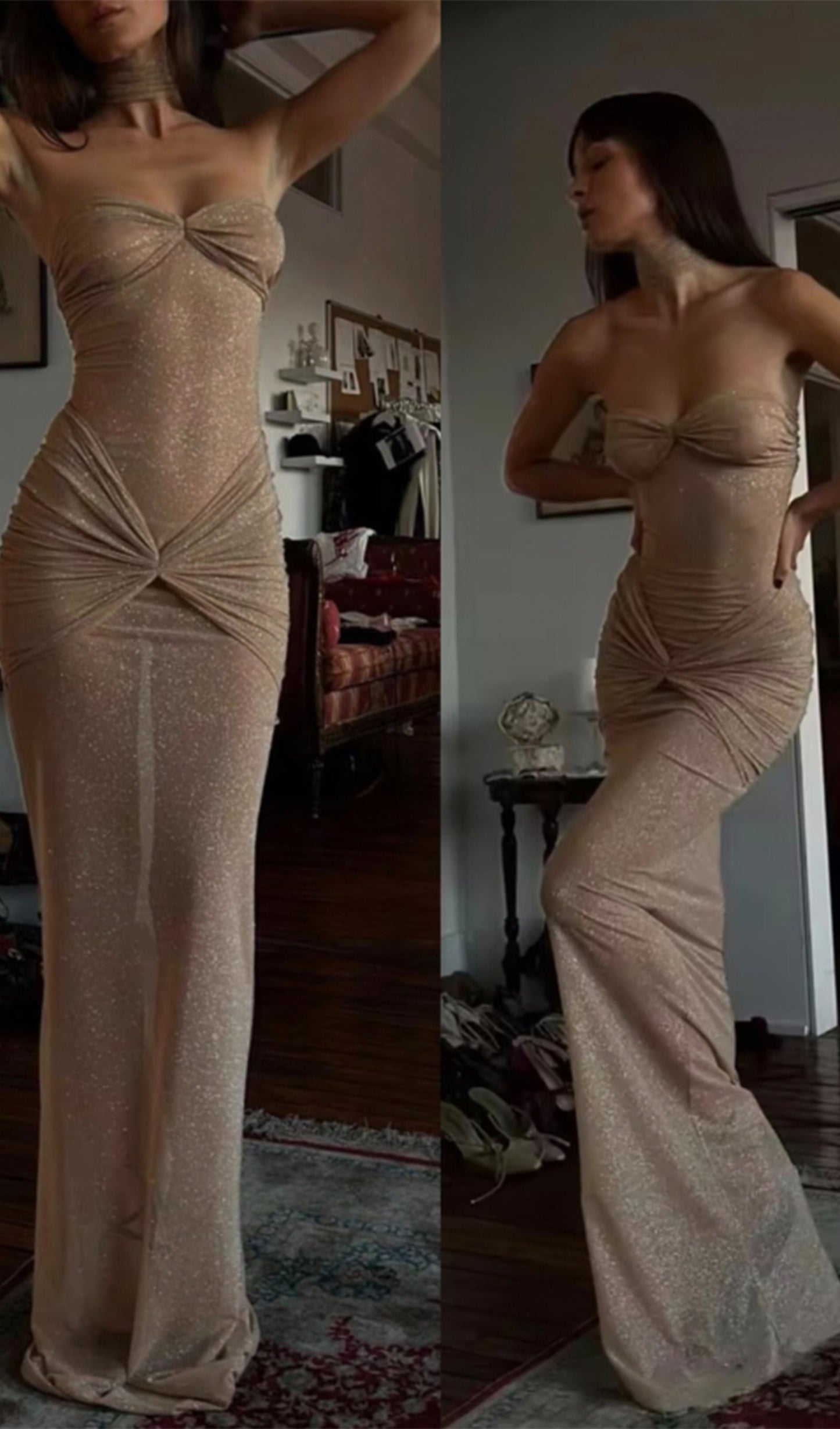 Starlite Off-Shoulder See-Through Maxi Dress