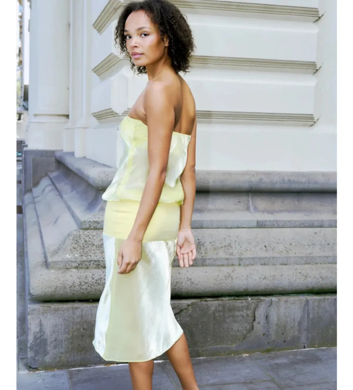 Strapless Iridescent Mesh Four-Way Stretch Paneled Yellow Midi Dress