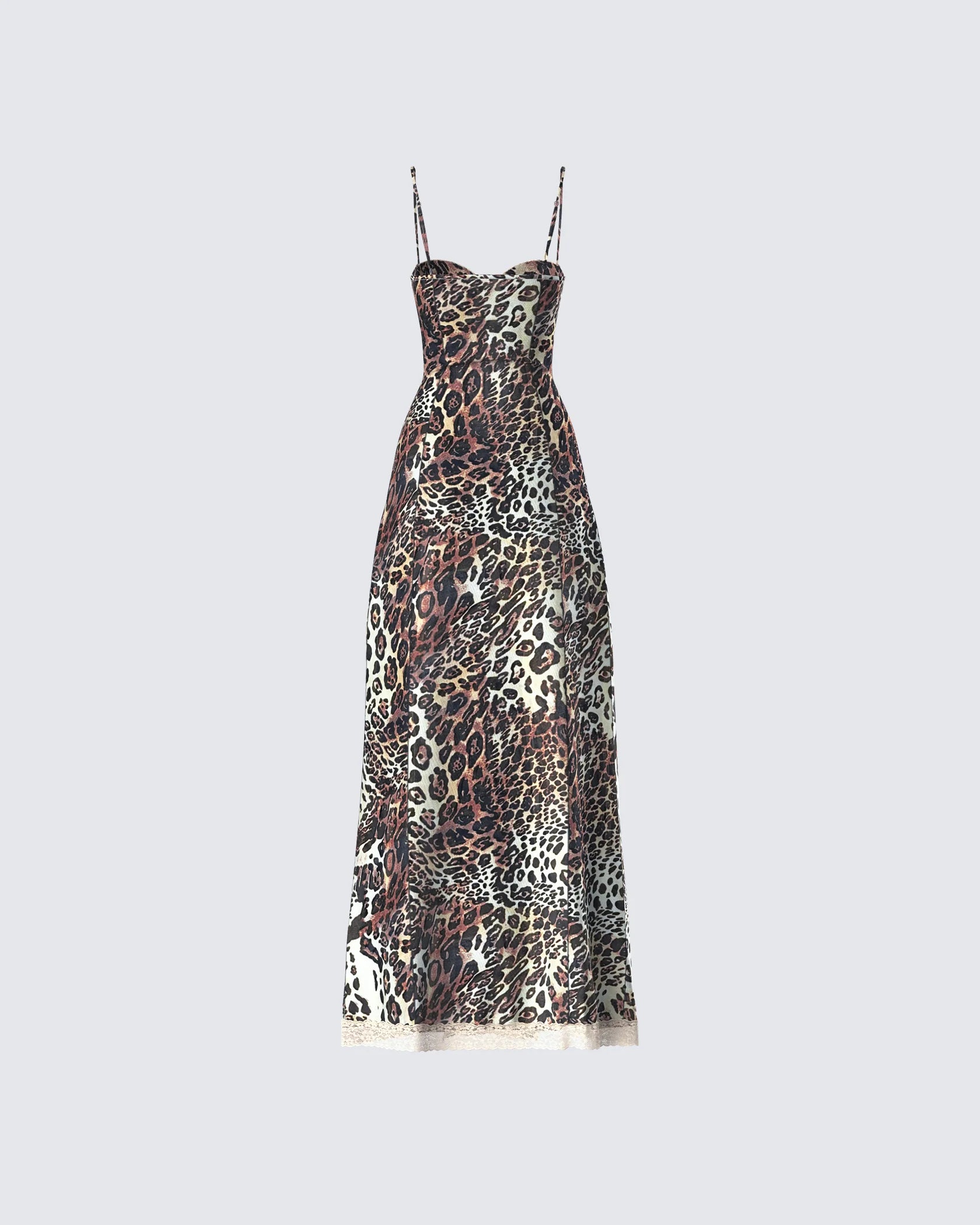 Spaghetti Strap Leopard Lace-Trim Front-Center Cutout High-Slit Dress