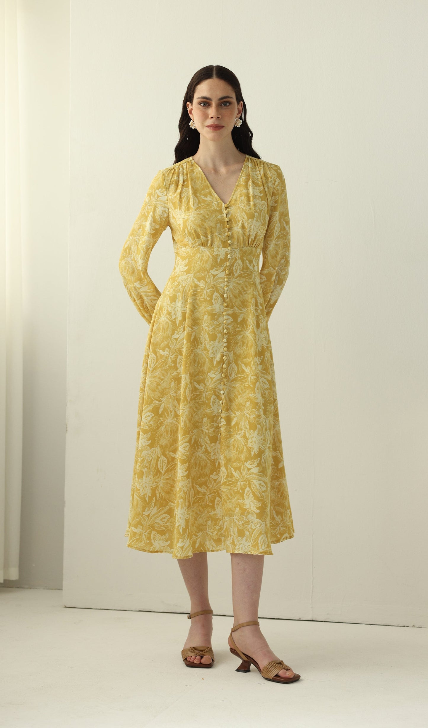 Yellow Floral Printed V Neck Midi Dress