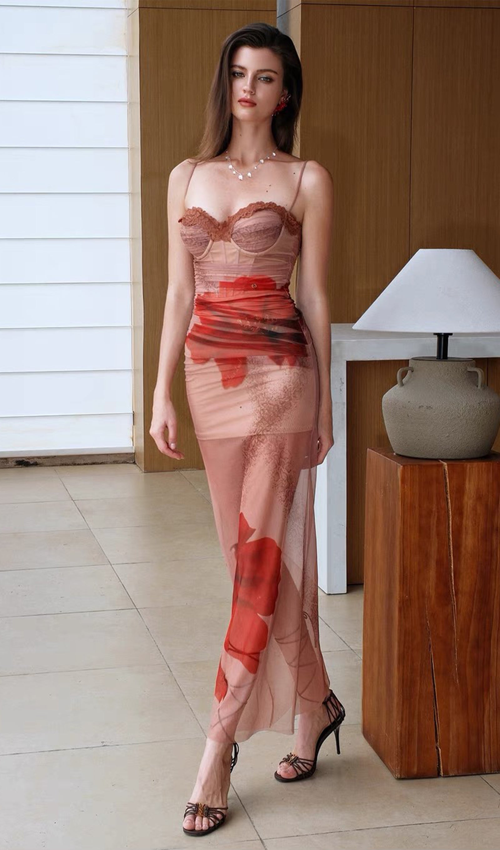 Slim Mesh Print Midi Dress