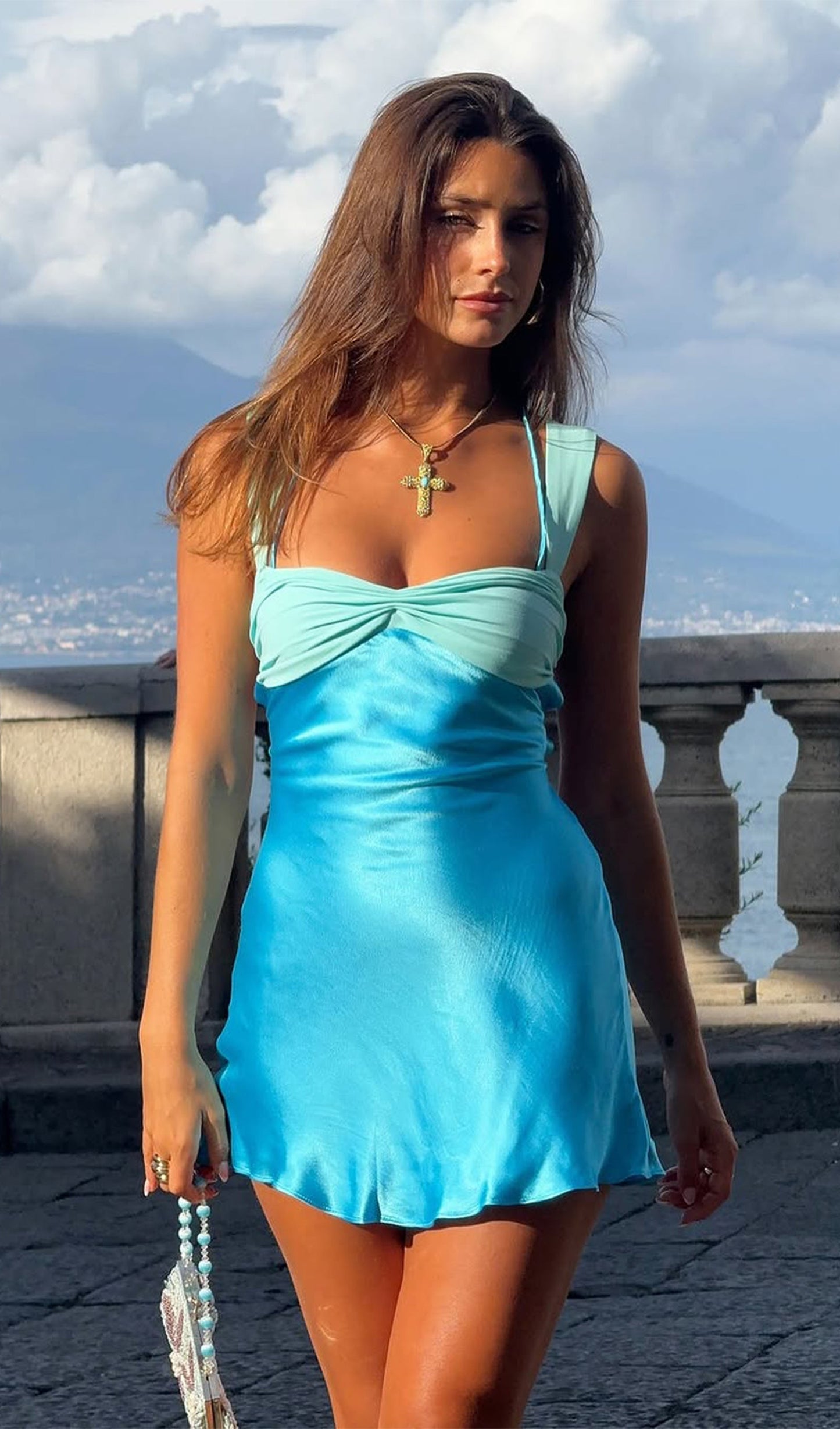 Ruched Back Lace Up Mini Dress