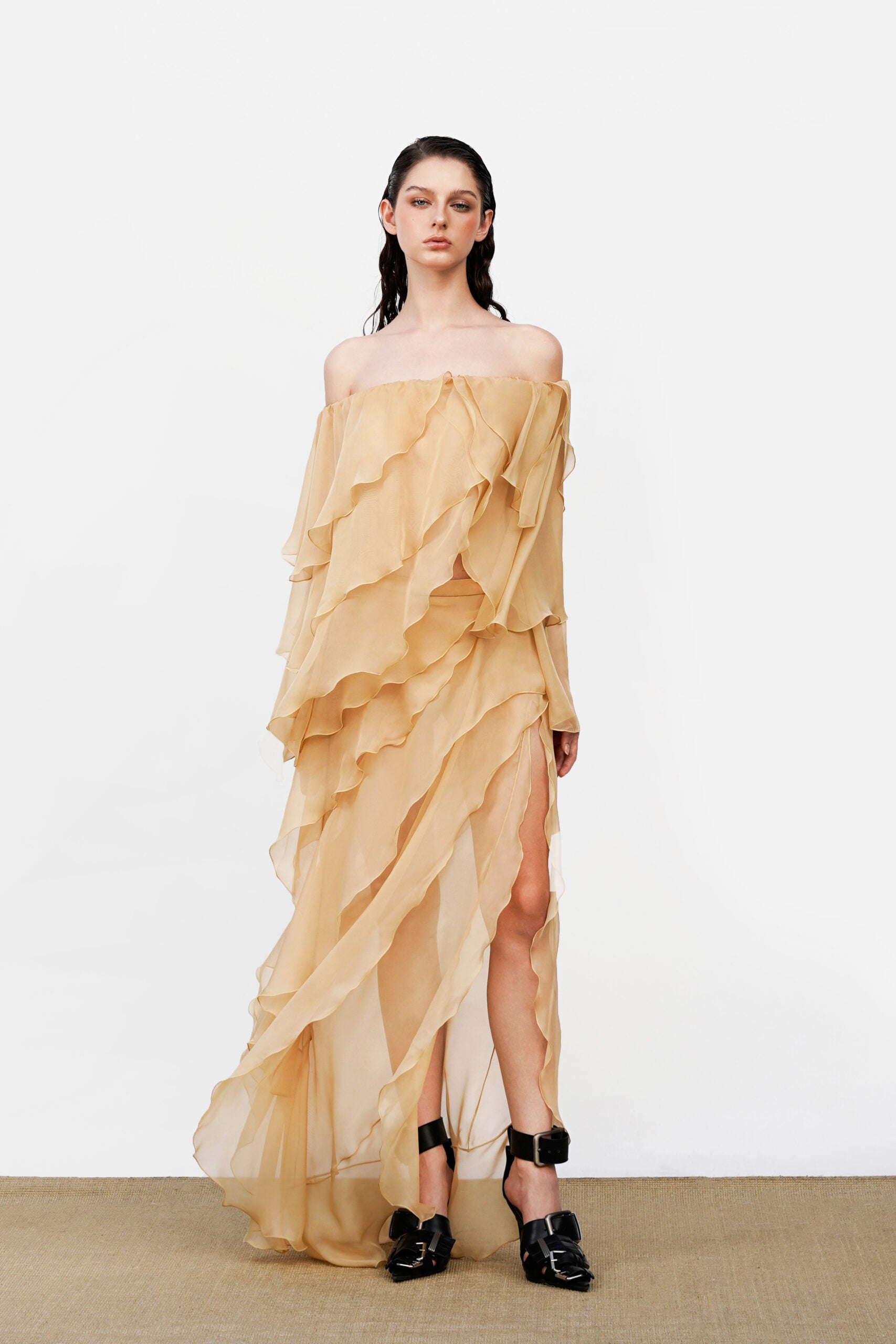 Off-Shoulder Multi-Layer Asymmetric-Ruffle Long-Sleeve Top and Side-Slit Skirt Chiffon Two-Piece Set
