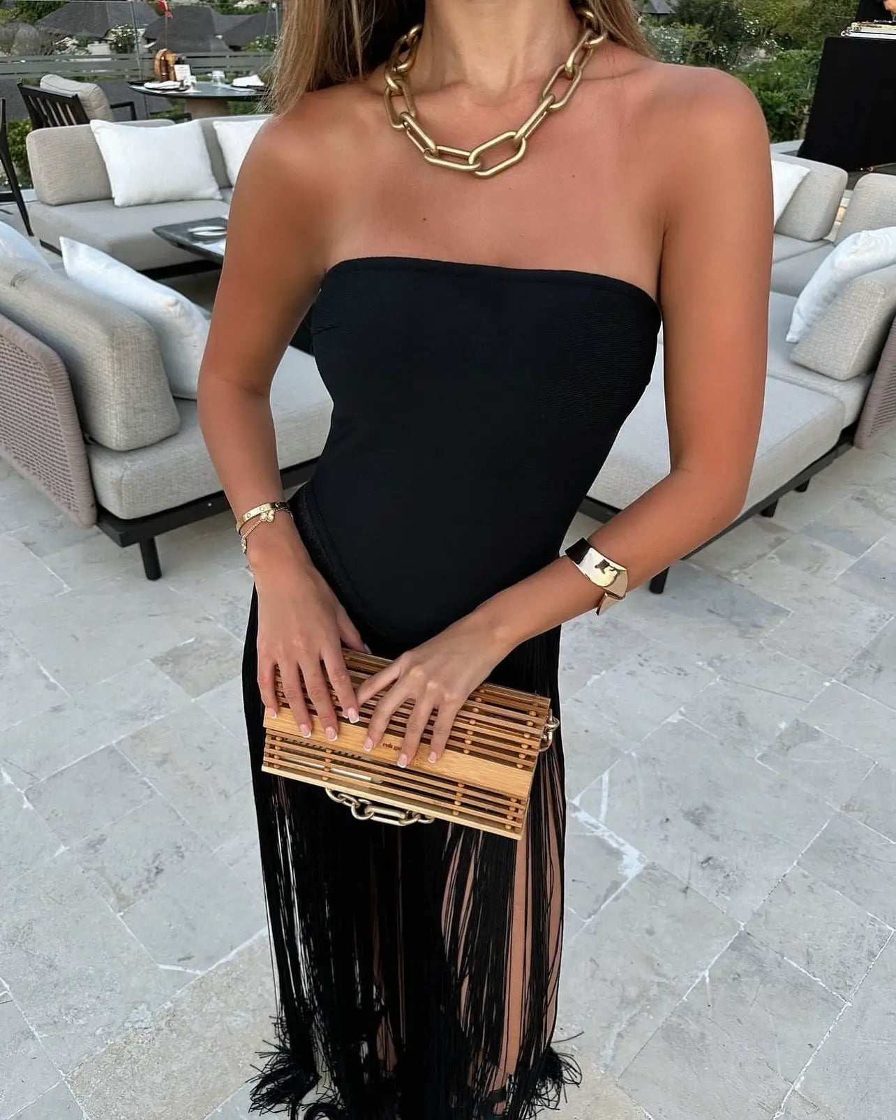 Strapless Bandage Fringe Panel Dress