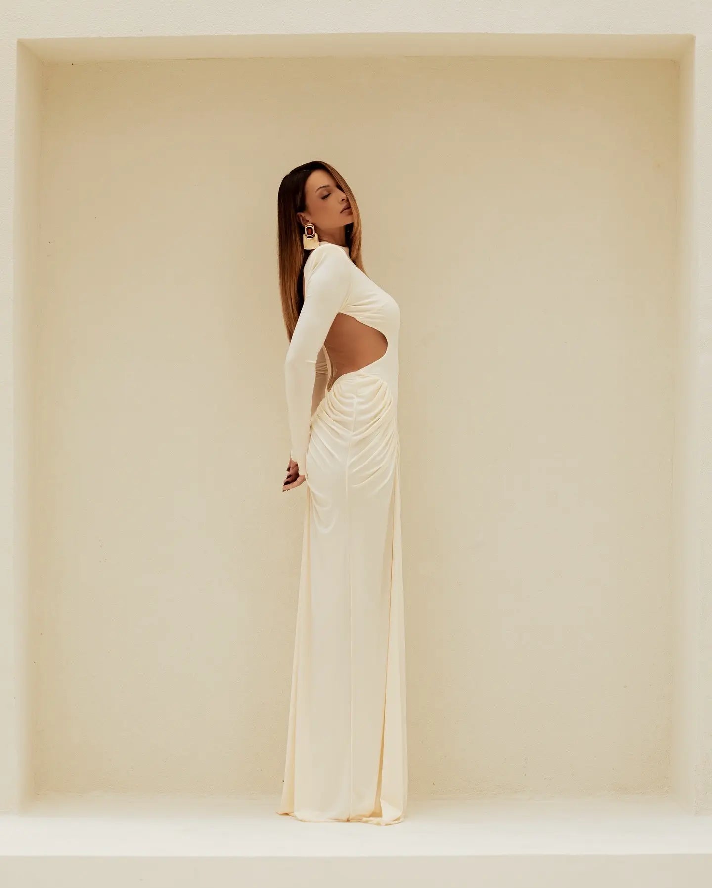 High-Neck Waist Cut-Out Ruched Maxi Dress