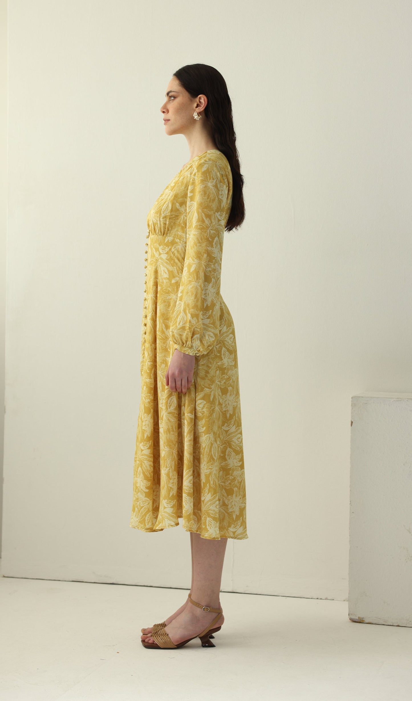 Yellow Floral Printed V Neck Midi Dress