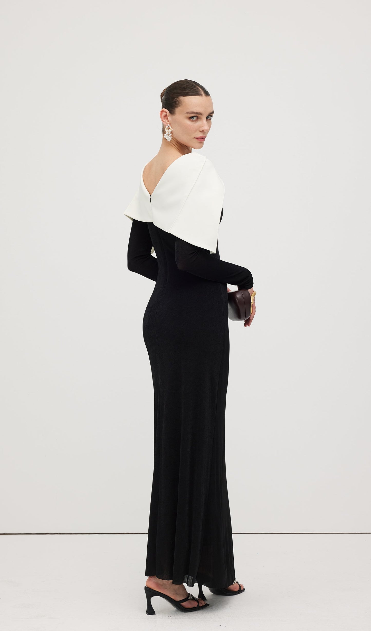 Asymmetrical Draped Shoulder Pleat Maxi Dress