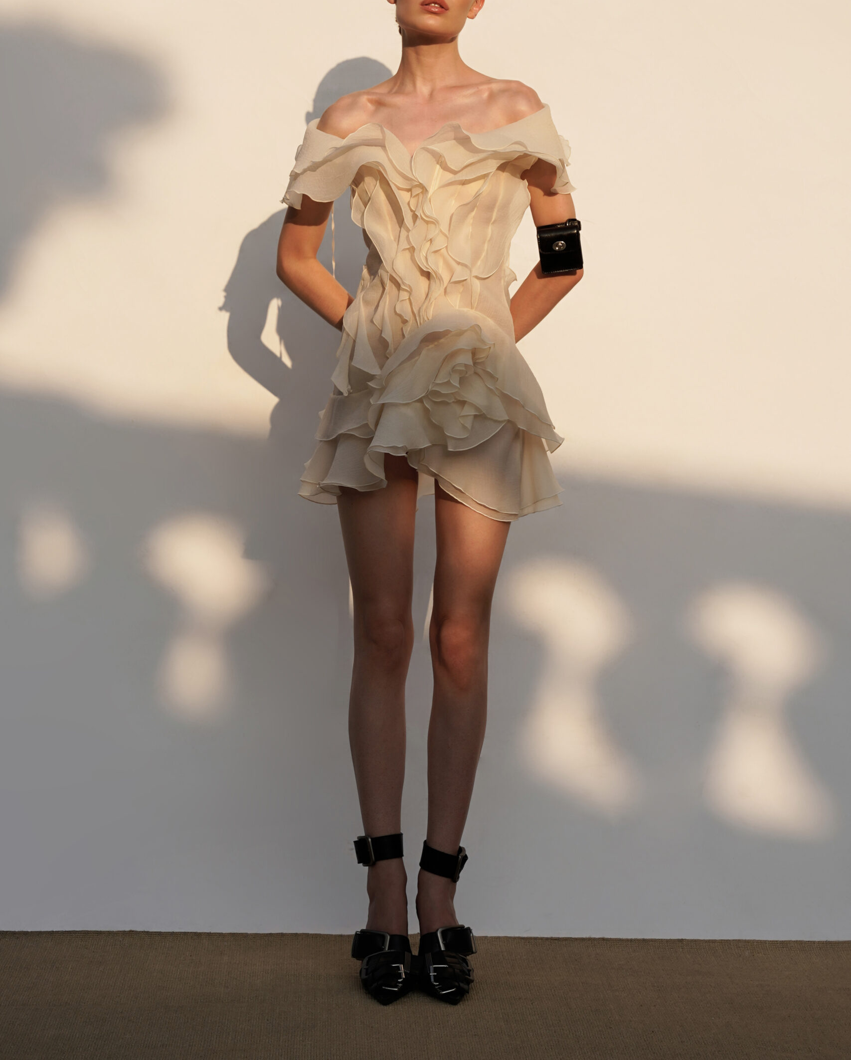 V-Neck Off-Shoulder Layered Ruffled Sleeveless Mini Dress