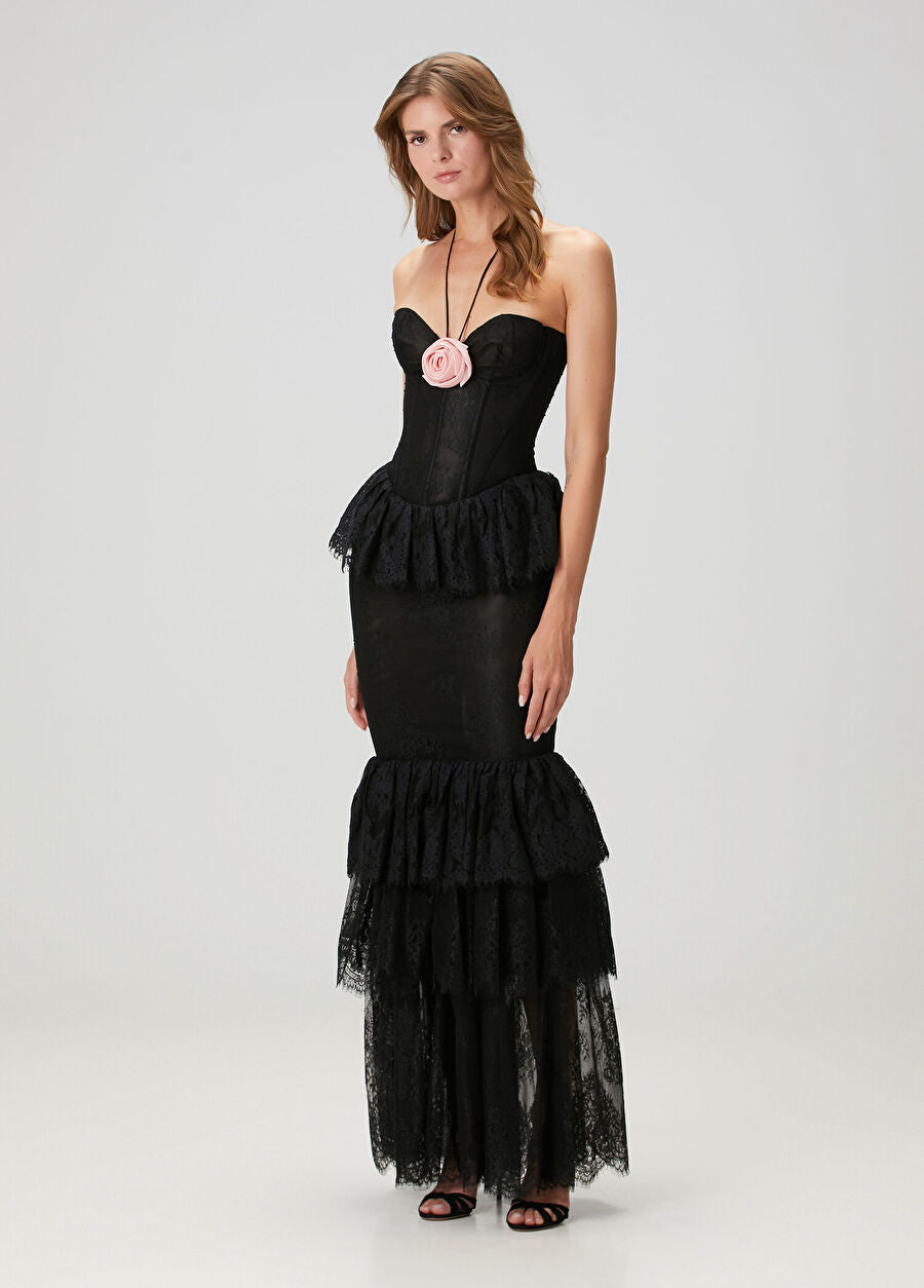Strapless Corset-Style Halter-Tie 3D Floral Lace Dress