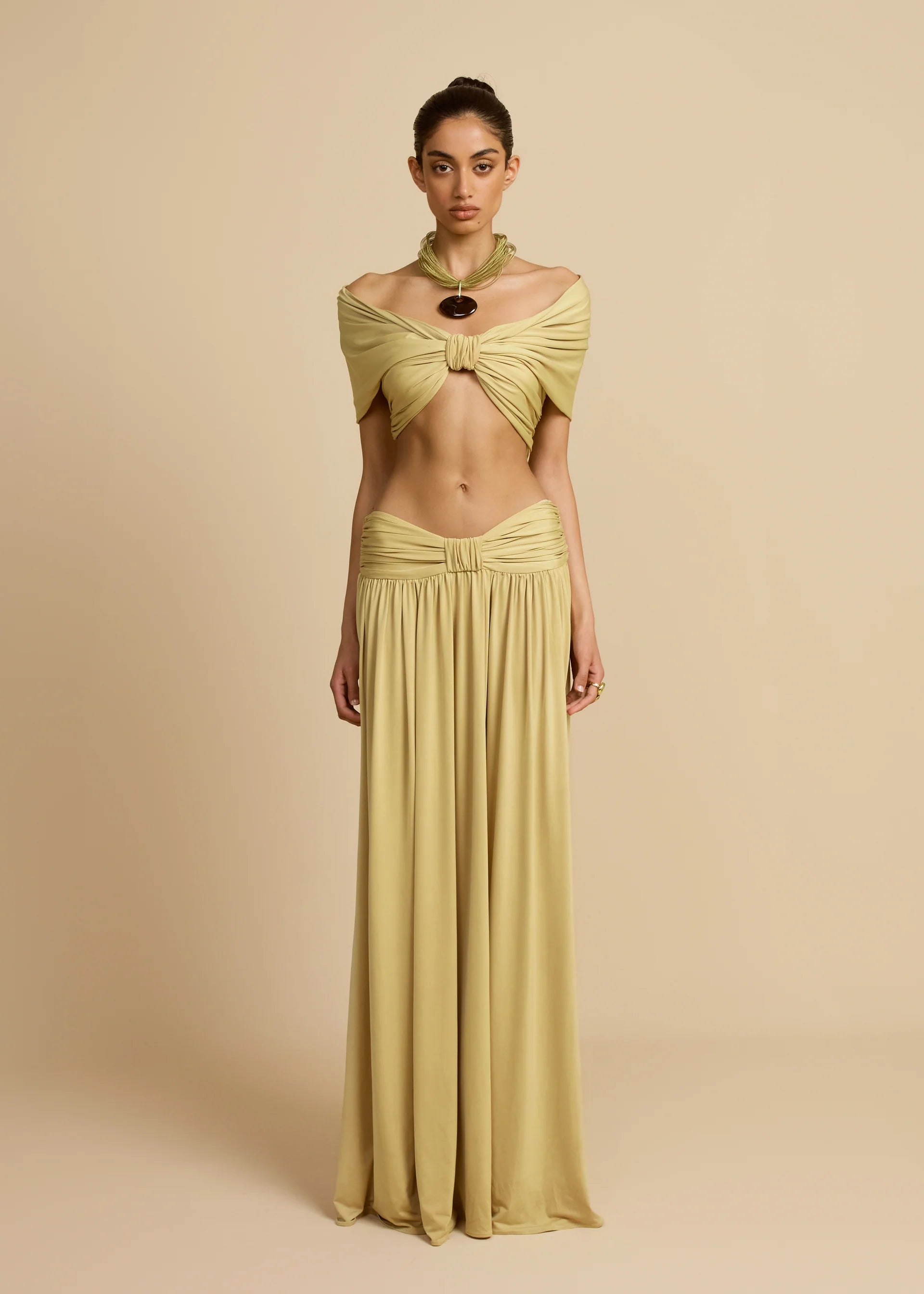 V-Neck Drop Shoulder Twist Detail Top & Draped Ruched Maxi Skirt