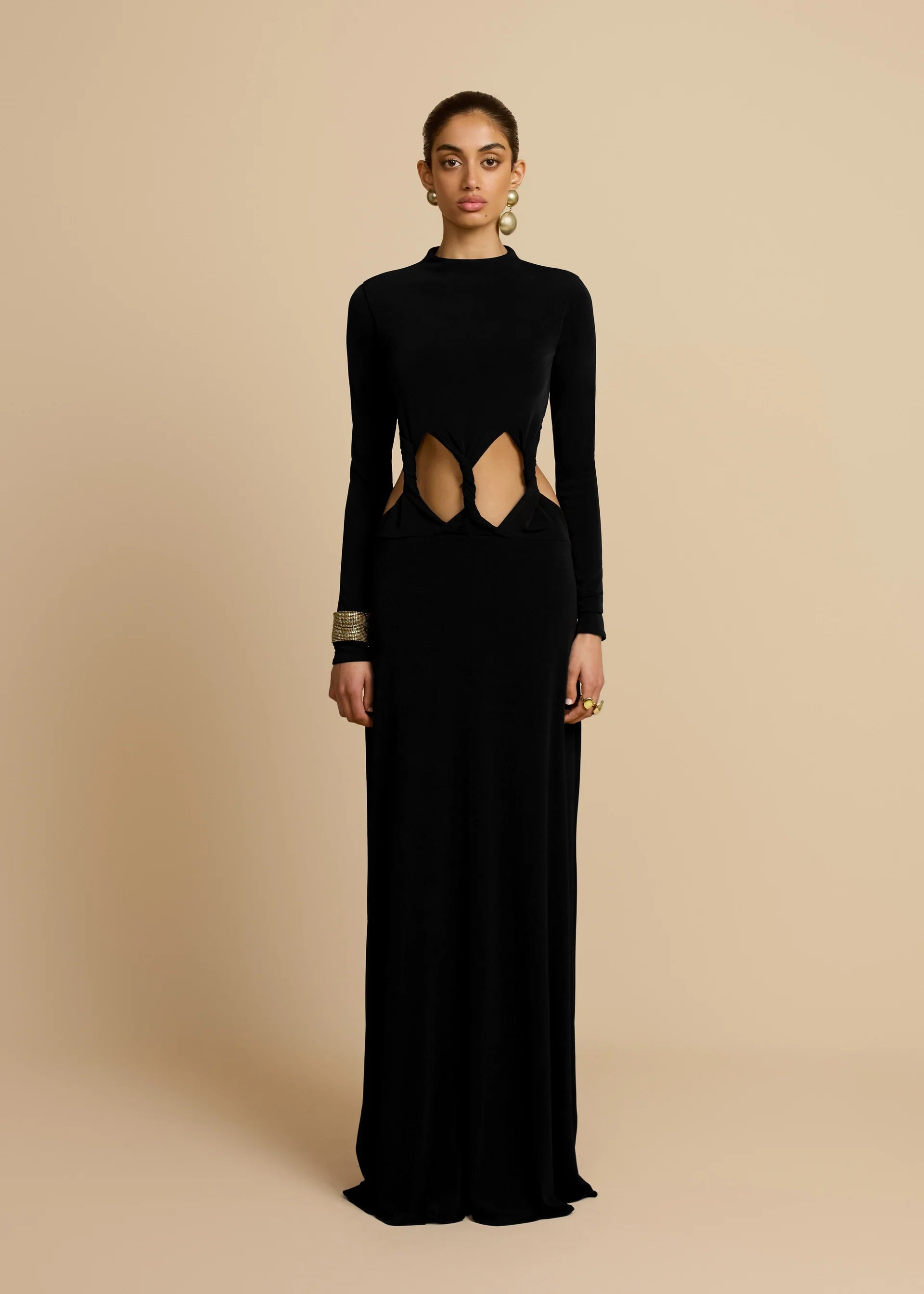 Greek Goddess Style Mock Neck Twist-Knot Waist Cut-Out Long-Sleeve Bodycon Dress