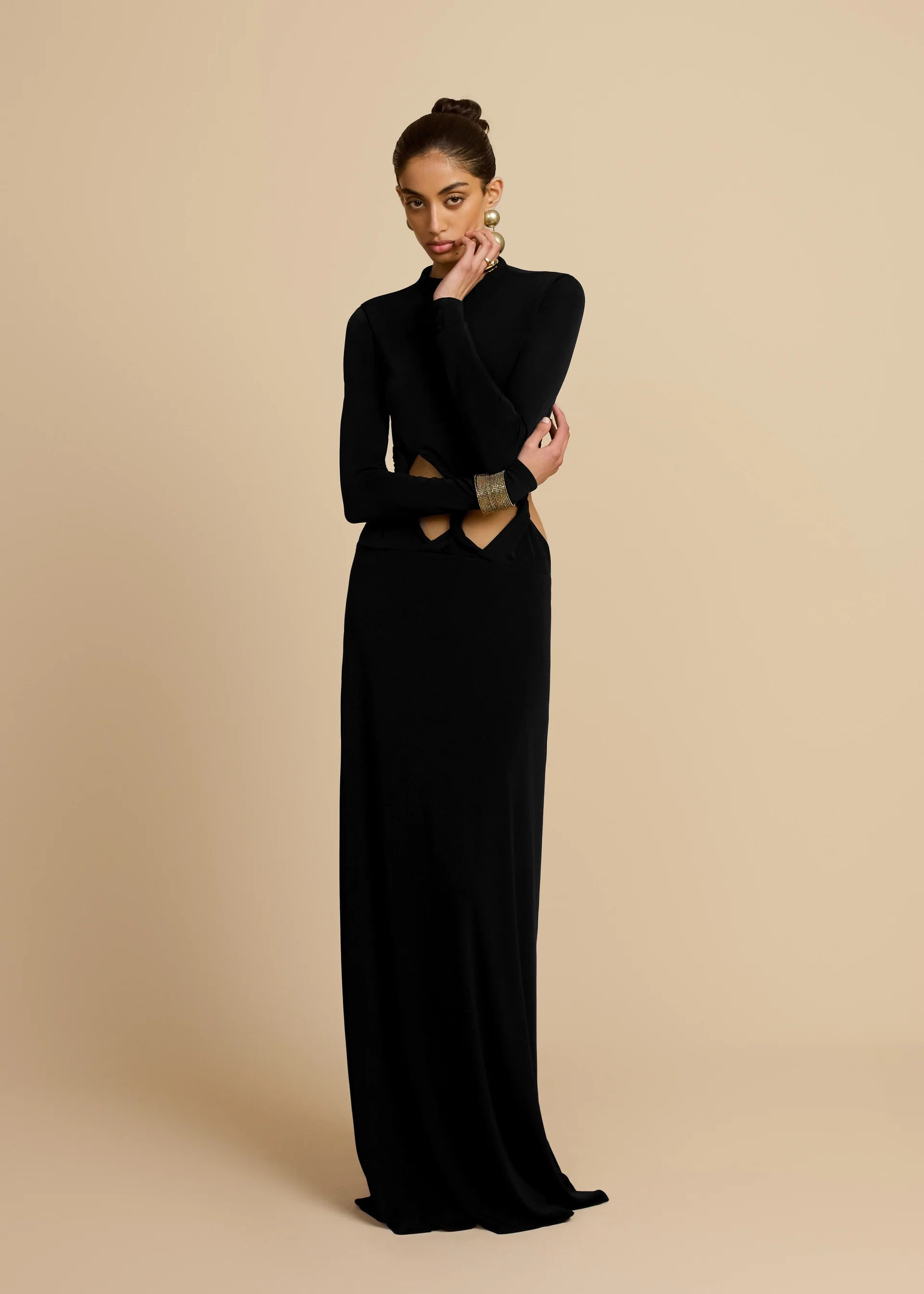 Greek Goddess Style Mock Neck Twist-Knot Waist Cut-Out Long-Sleeve Bodycon Dress