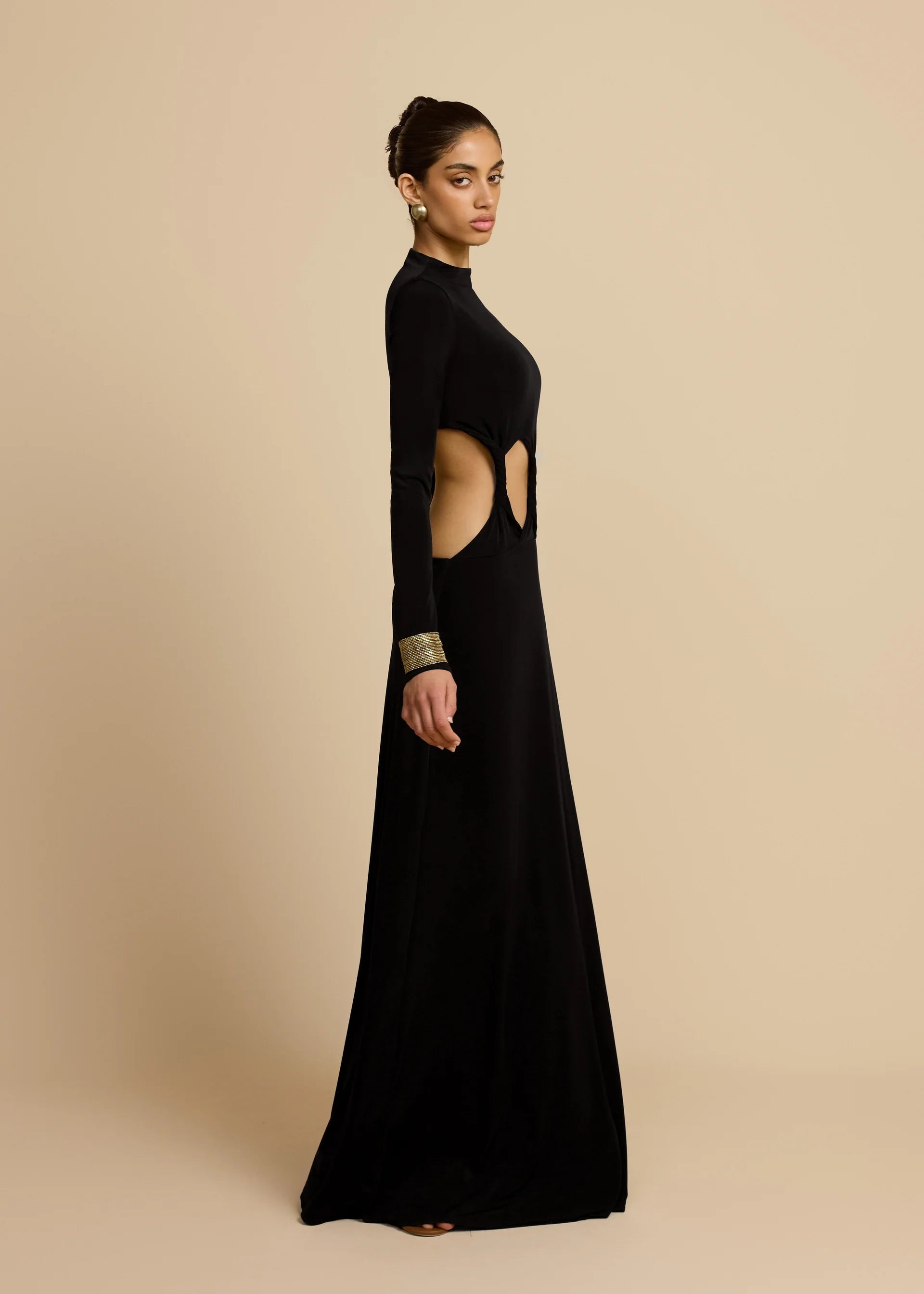 Greek Goddess Style Mock Neck Twist-Knot Waist Cut-Out Long-Sleeve Bodycon Dress