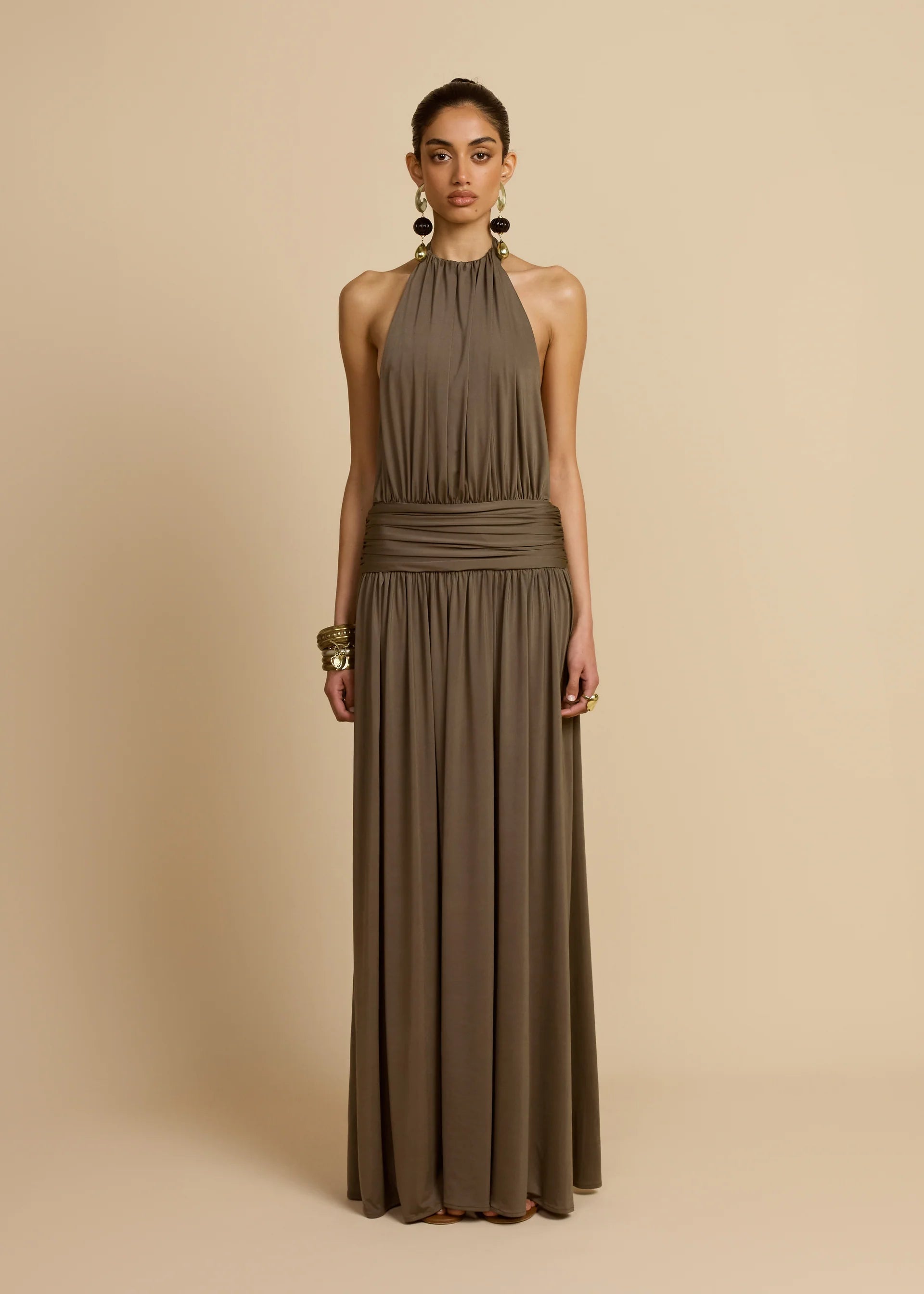 Sleeveless Halter Backless Draped Dress