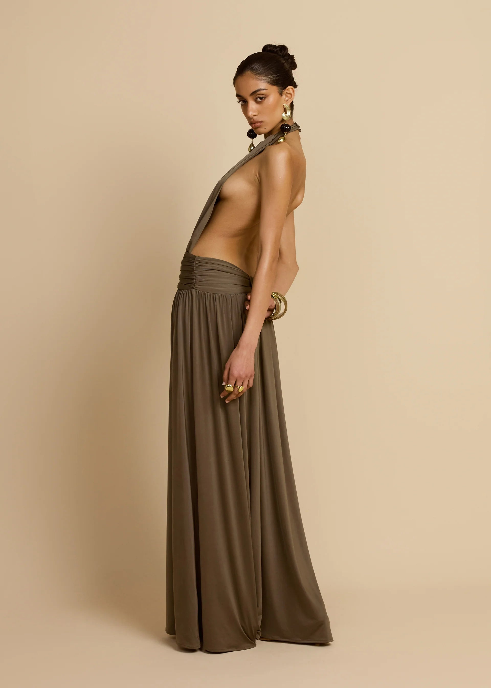 Sleeveless Halter Backless Draped Dress