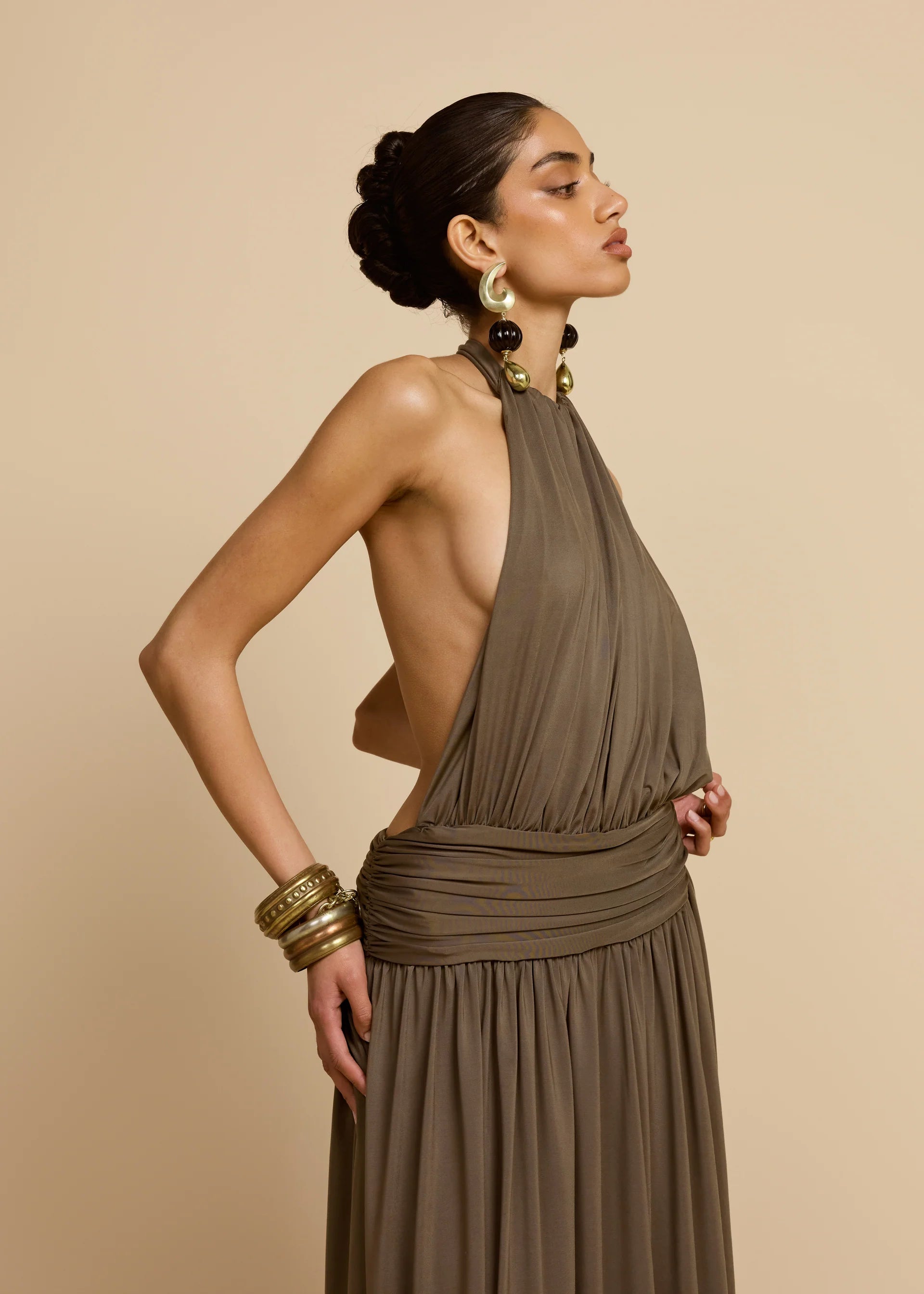 Sleeveless Halter Backless Draped Dress
