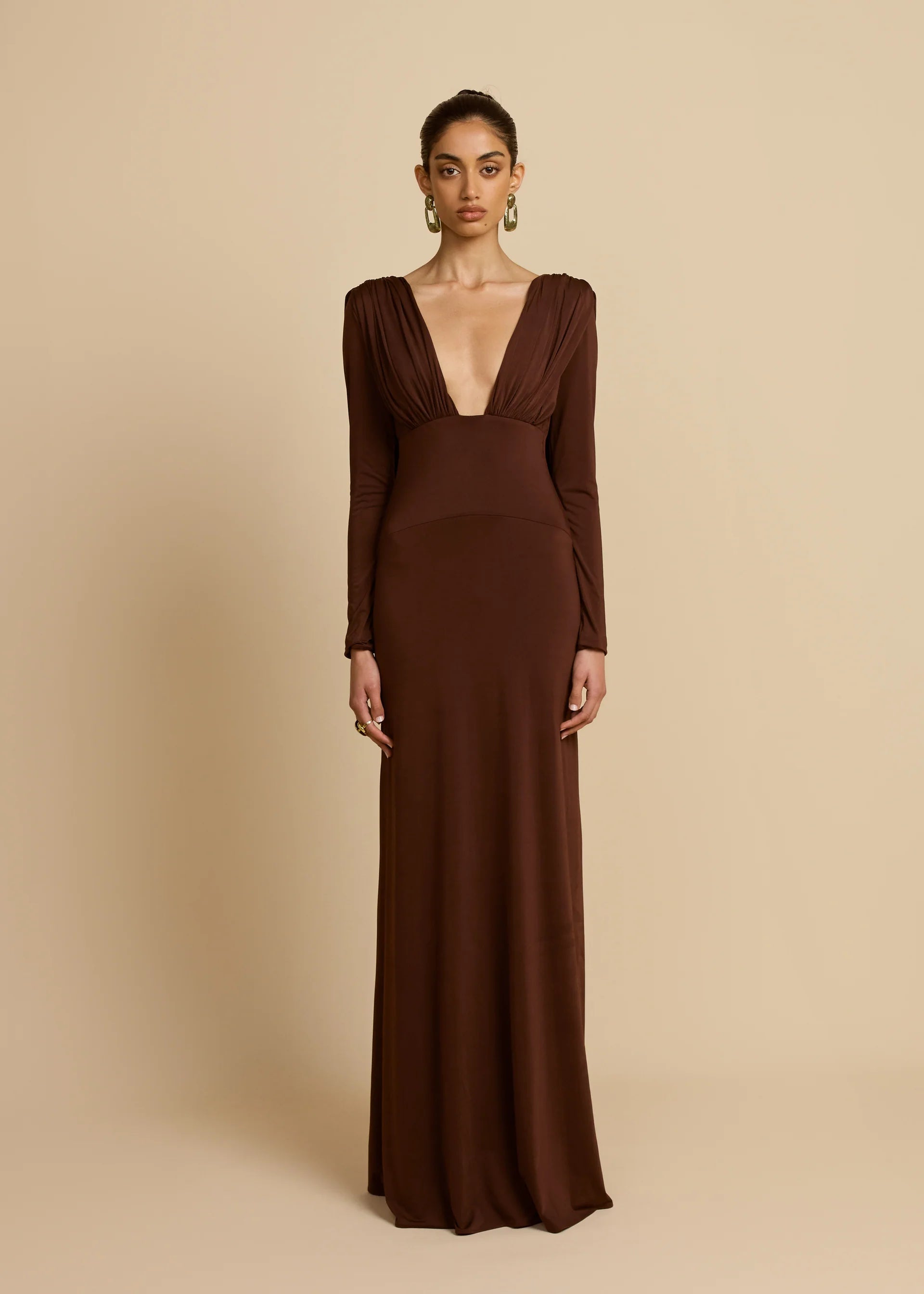 Plunging V-Neck Ruched Backless Dress